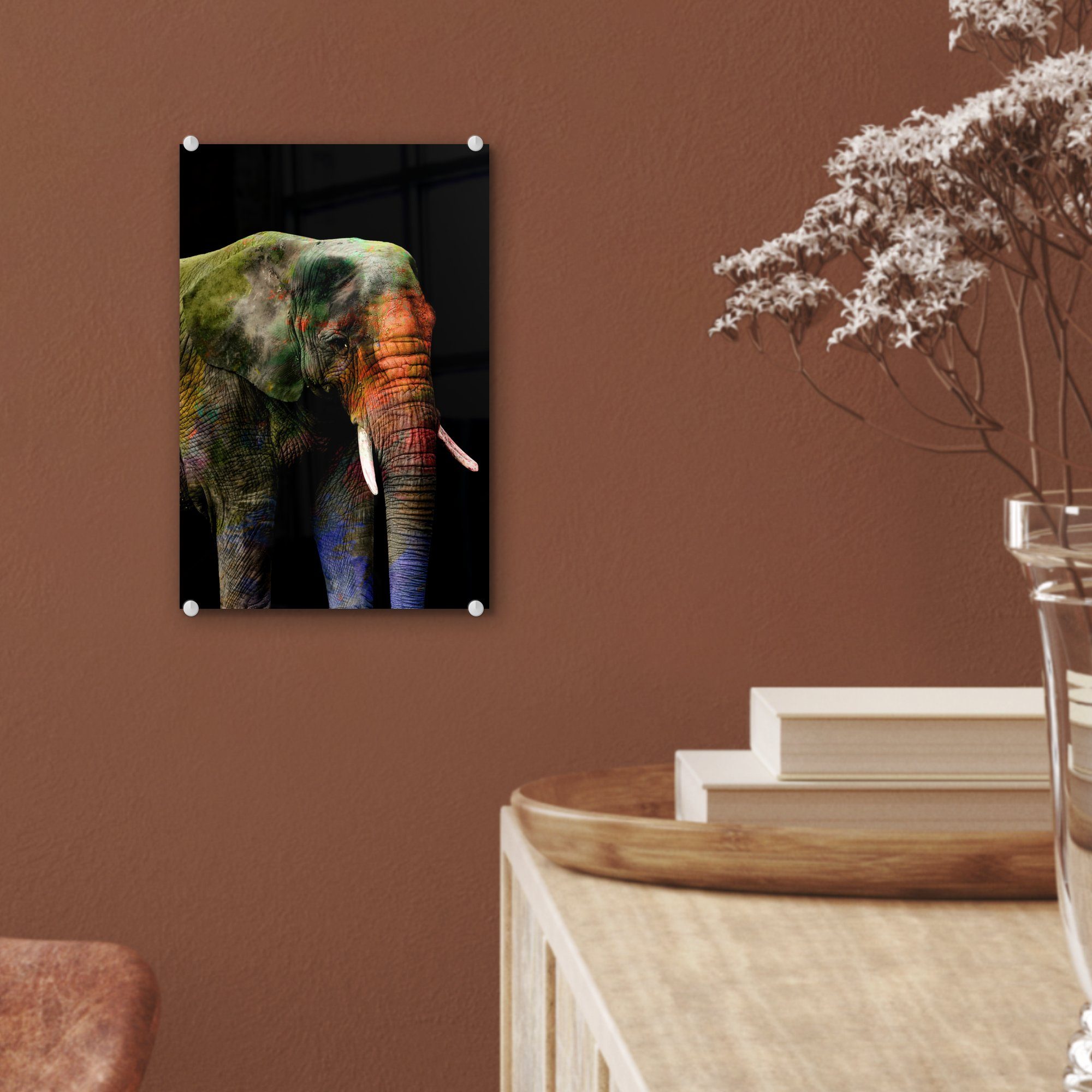 MuchoWow Acrylglasbild Schwarz, Glas auf Foto auf - - Wanddekoration bunt Wandbild Farbe - - Elefant Glasbilder Glas (1 St), - Bilder