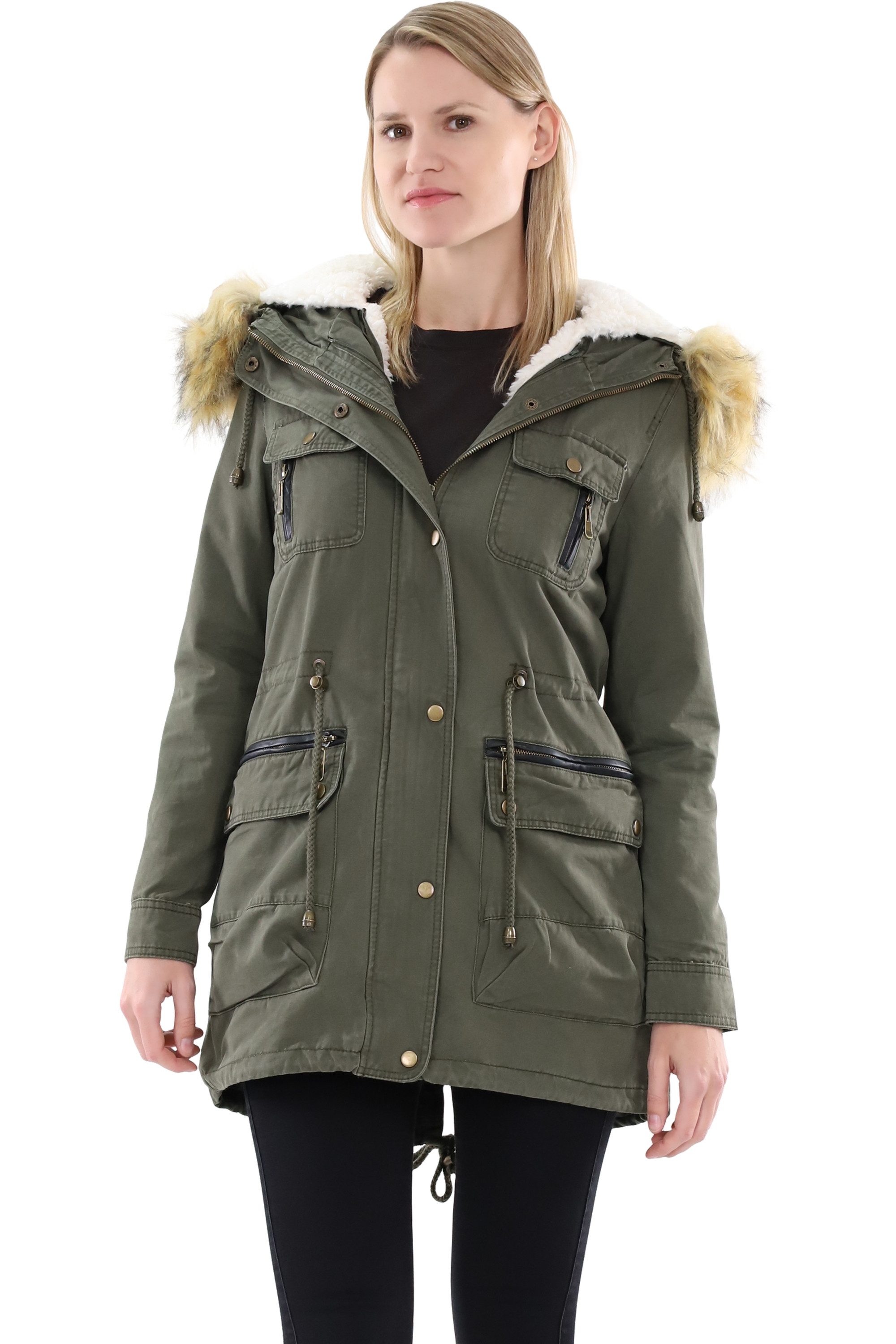 malito more than fashion Parka Damen Parka mit Kapuze, Winterjacke mit Kunstfell, gefütterter Mante gefütterte Winterjacke mit Teddyfell und Kunstfell Kapuze