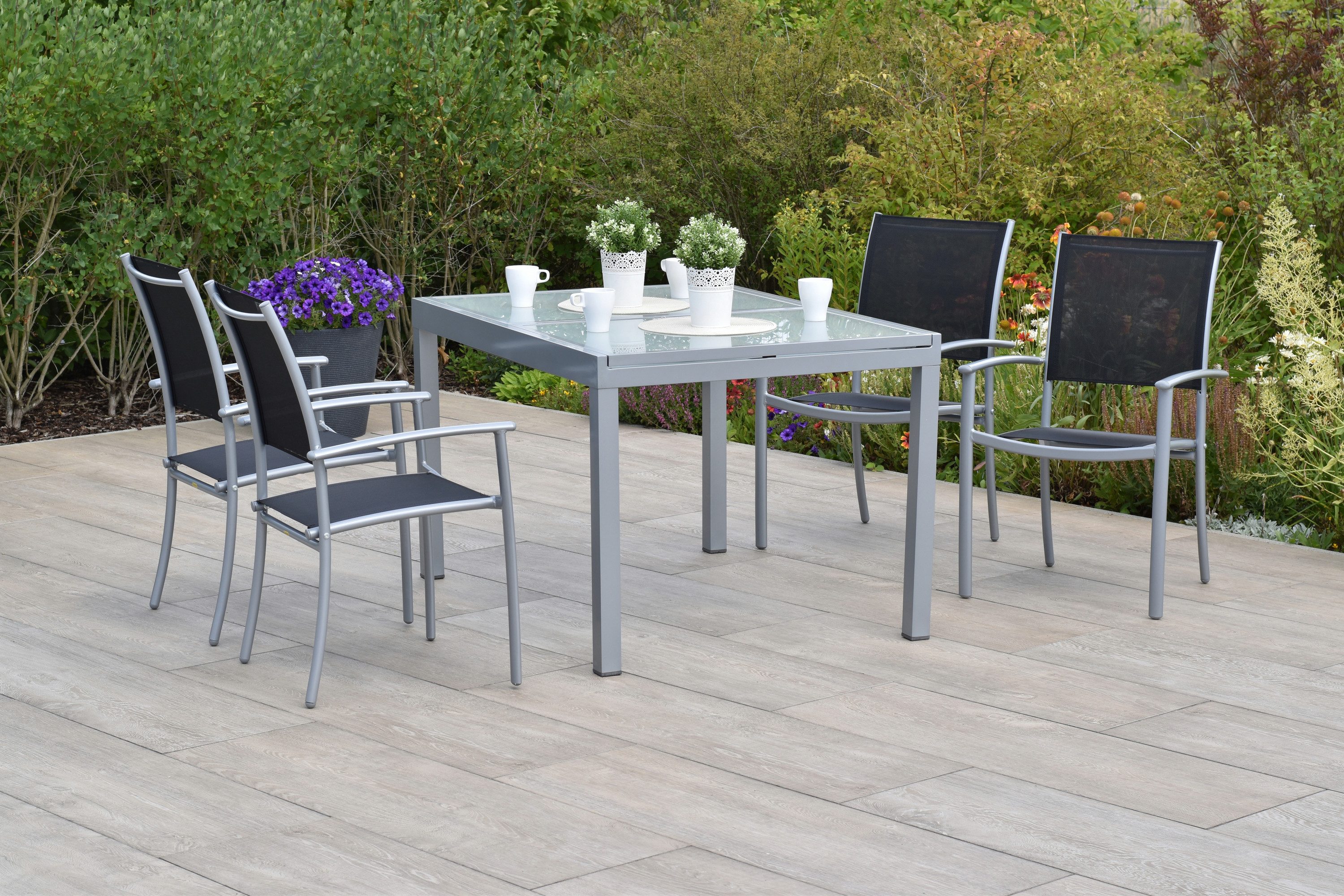 MERXX Garten-Essgruppe »Milano«, (Set, 5-tlg., Pulverbeschichtetes Aluminiumgestell), Tisch ausziehbar: LxB: 120-180 x 90 cm