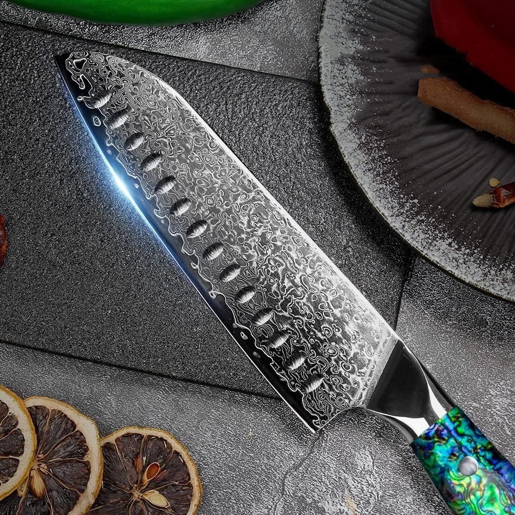 Damaszener Küchenmesser Damast Stahl Griff aus Santokumesser Abalone-Muschel KingLux Damastmesser