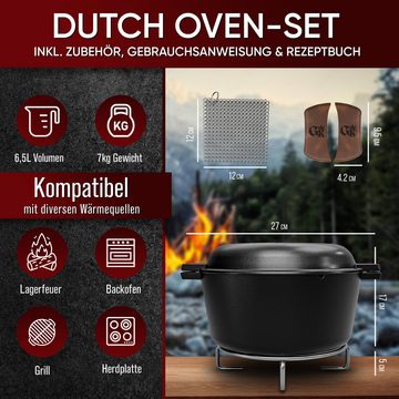GUSSKÖNIG Grilltopf Dutch oven 2in1 Eingebrannter Gusseisen Topf 4,8L & Gusspfanne 1,8L