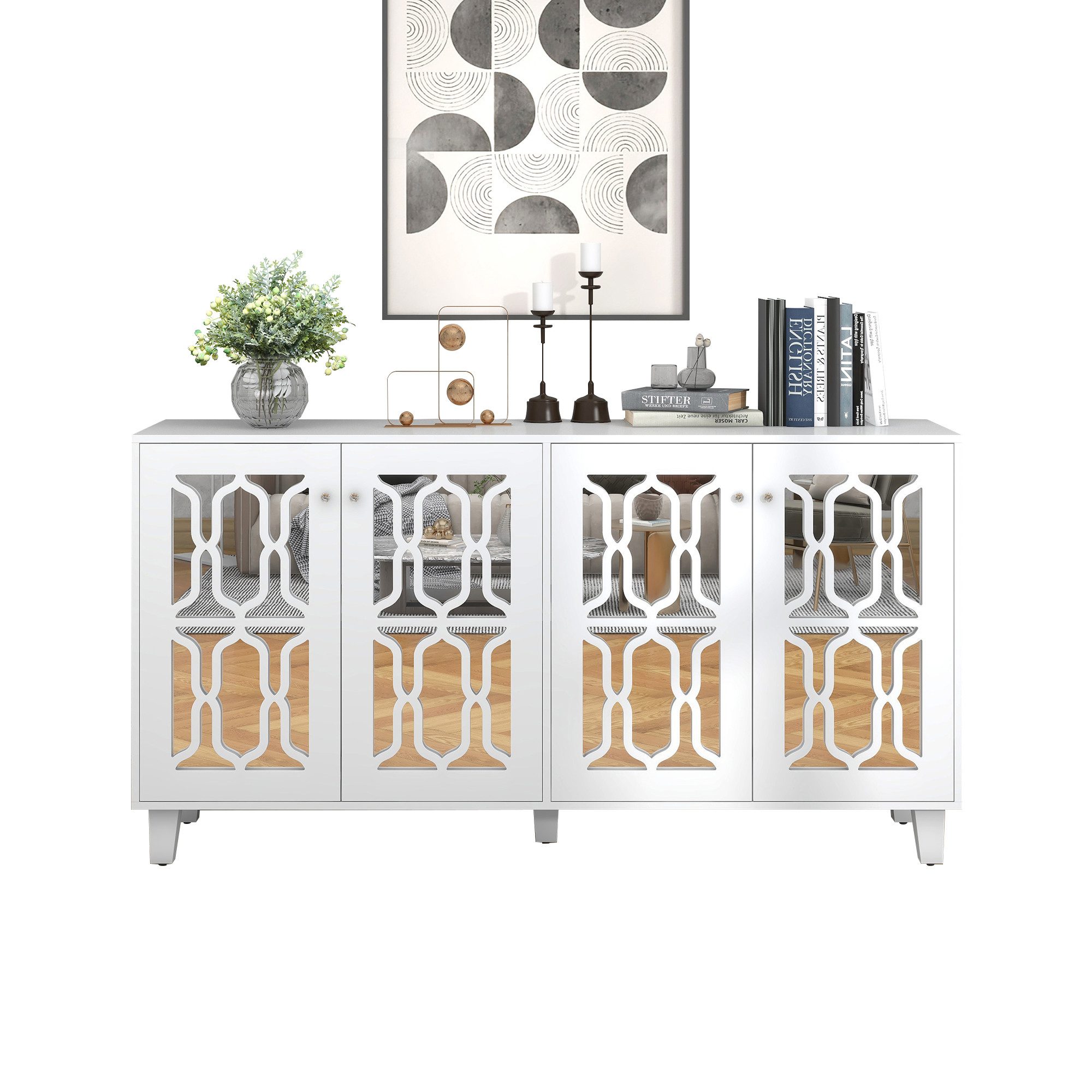 HAUSS SPOLE Sideboard Sideboard Kommode Beistellschrank Aufbewahrungsschrank (Weiß verspiegelte Anrichte mit kühlen Kristallgriffen und vier Türen), modernes Design