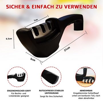 MULISOFT Messerschärfer mit 3 Stufen - Wolframstahl/Diamant/Keramikstein für Schleifsteine, ergonomisches Design - Schwarz/Chrom-Design