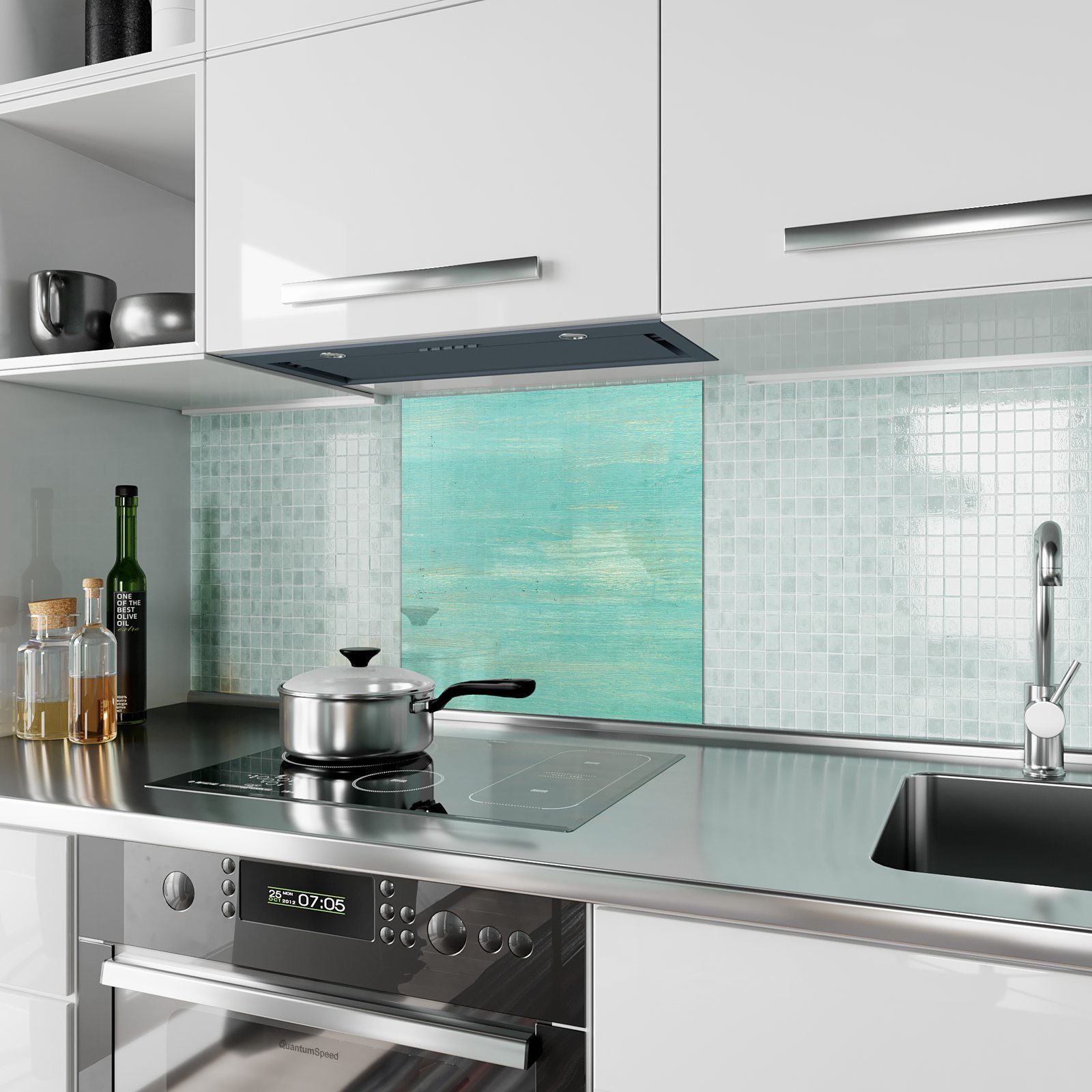 Küchenrückwand Glas Spritzschutz Holzplatte Motiv Küchenrückwand mit Türkis Primedeco