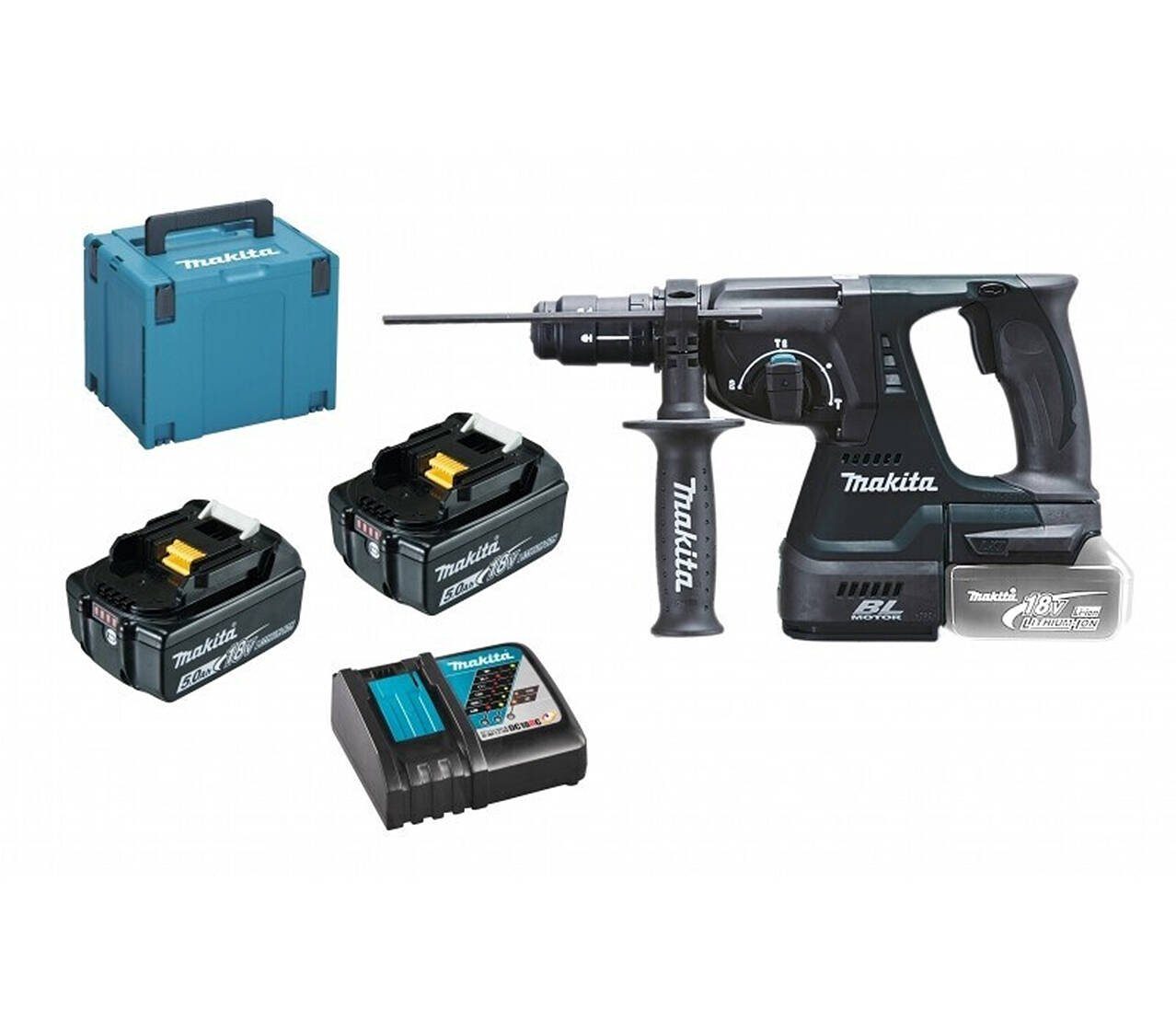 Makita Akku-Kombibohrhammer DHR243RTJB, 18 V, max. 950 U/min, (Komplett-Set, inkl. 2 Akkus, Ladegerät, Makpac & Zubehör), LXT, Brushless Motor, Rutschkupplung