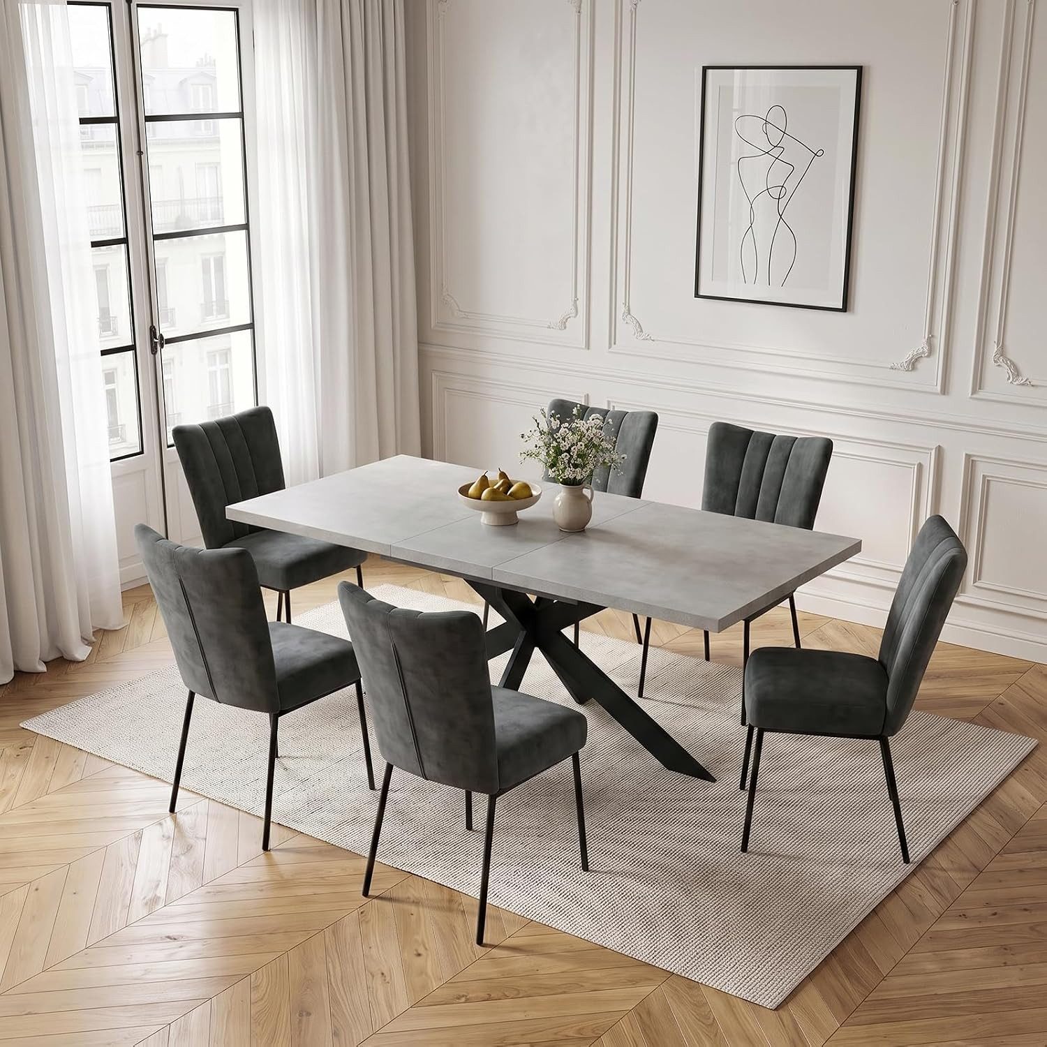 Jiexi Essgruppe Essgruppe: Ausziehtisch 130-170cm, X-Gestell, 4-6 Samtstühle