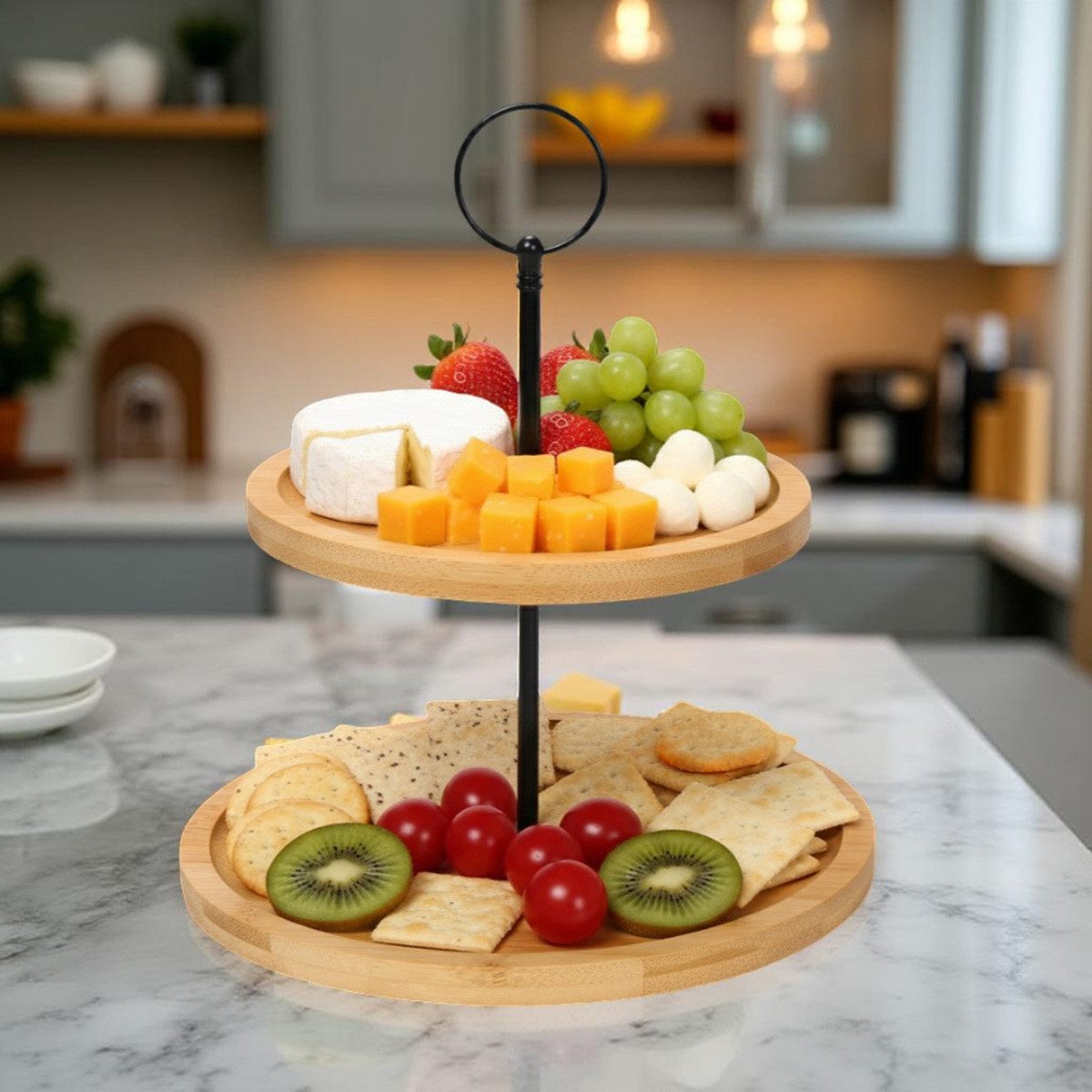 Cheffinger Etagere 2-stöckige Etagere Bambus – Servierplatte für Obst, Snacks & Gebäck, Bambus, (3-tlg) – Bild 4 von 5