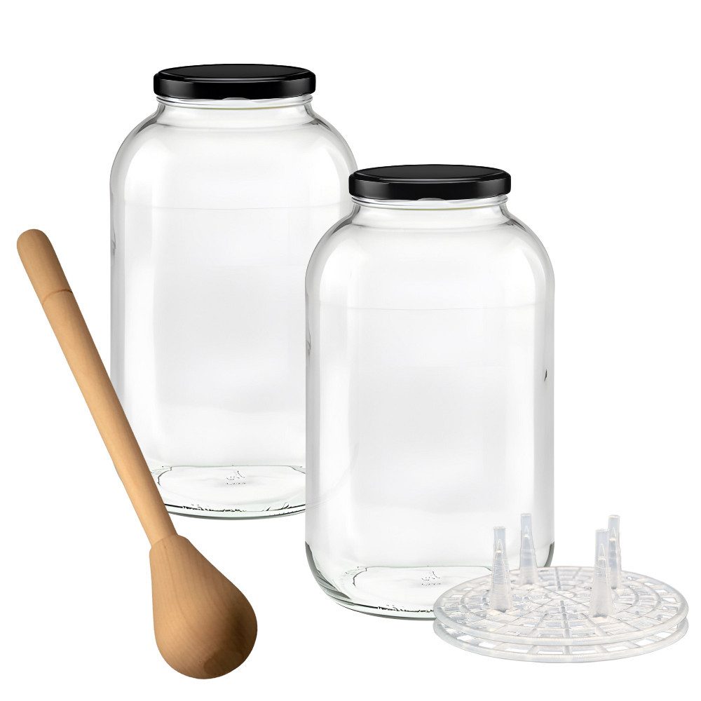 mikken Fermentationsglas 2 XXL Fermentiergläser 4,25 Liter große Vorratsgläser, (Starter-Set, 2er Set), mit Fermentier Gitter, Holzstößel und Deckel
