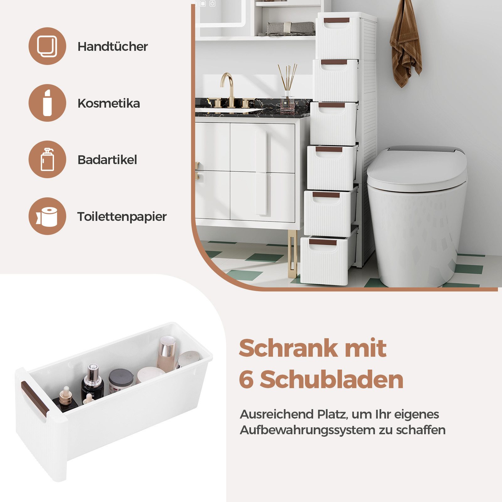 COSTWAY Beistellwagen Nischenschrank schmal, mit 6 Schubladen & Rollen, weiß – Bild 3 von 5