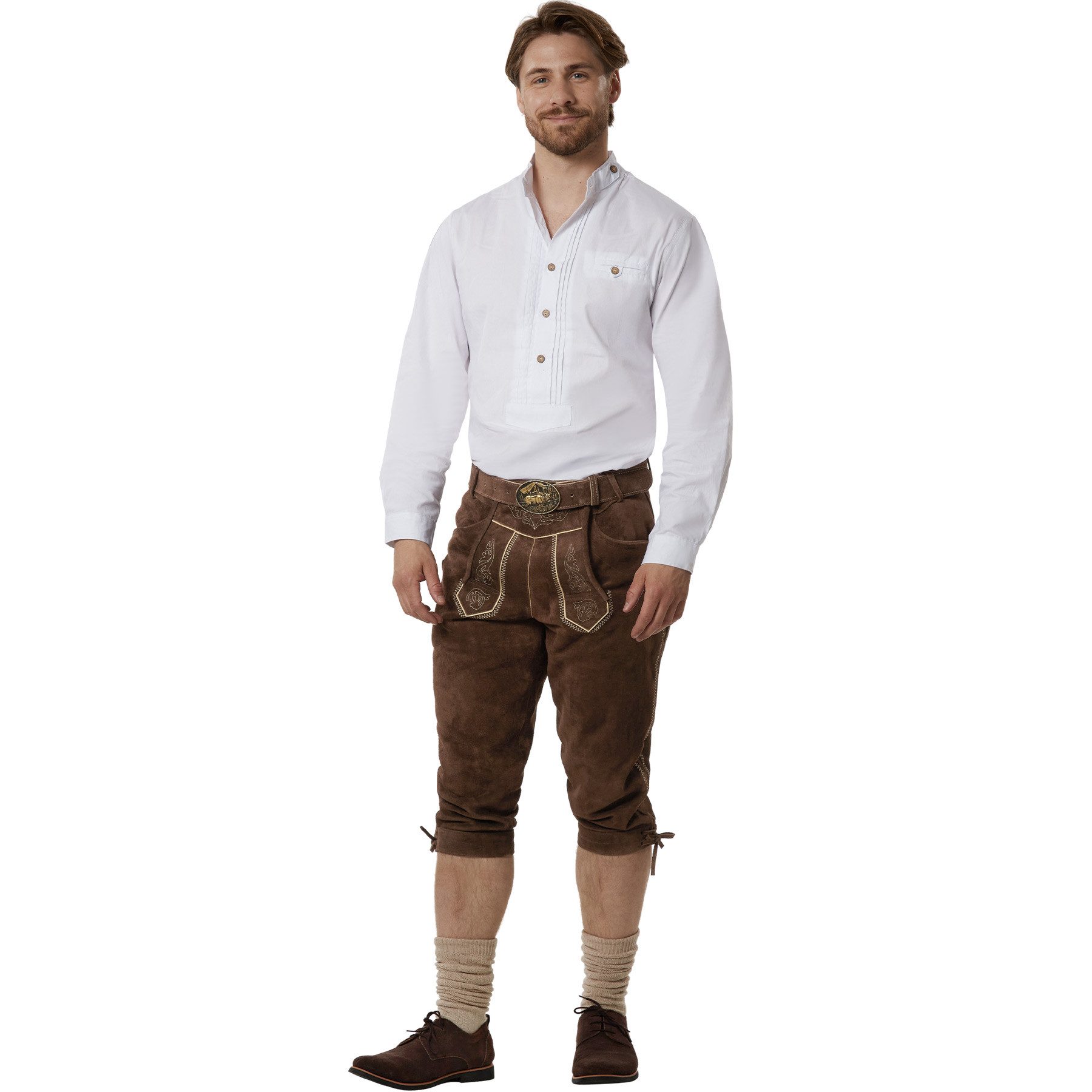 dressforfun Trachtenhose Edle Lange Lederhose aus Rind mit traditionellen Stickereien (Herrenhose Jakob, für Volksfeste in Dunkelbraun) Robust und langlebig, Inkl. verstellbaren Hosenträgern und Gürtel