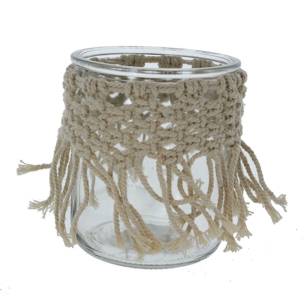 MICA Dekolicht Windlicht mit Makrameedeko - aus Glas - ca. 10 x 10 x 12 cm
