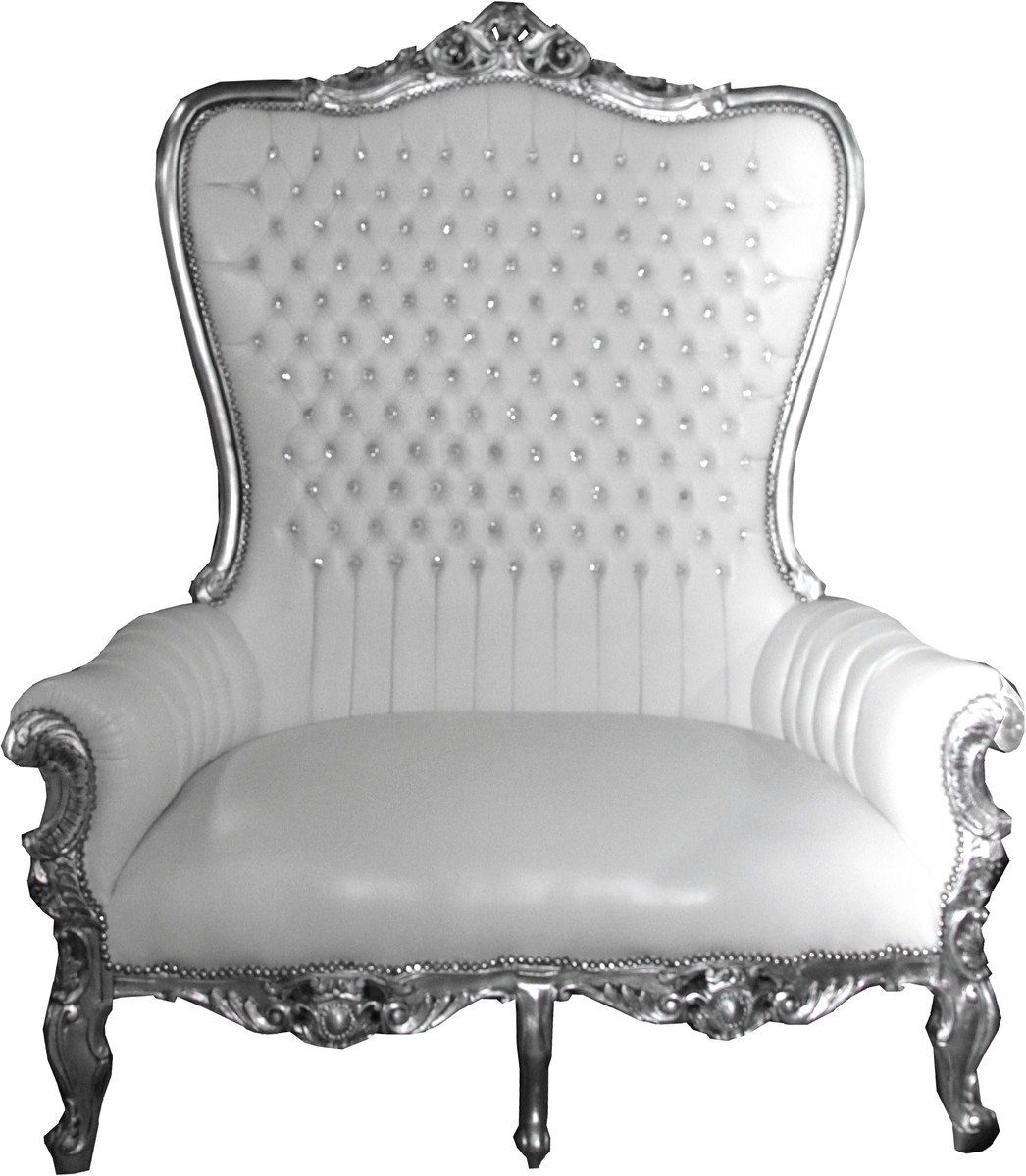 Casa Padrino Stuhl - Silber Sofa Sessel mit Thron Tron Weiß Glitzersteinen Thron Bling Sofa Doppel Bling Barock Riesensessel - / Majestic