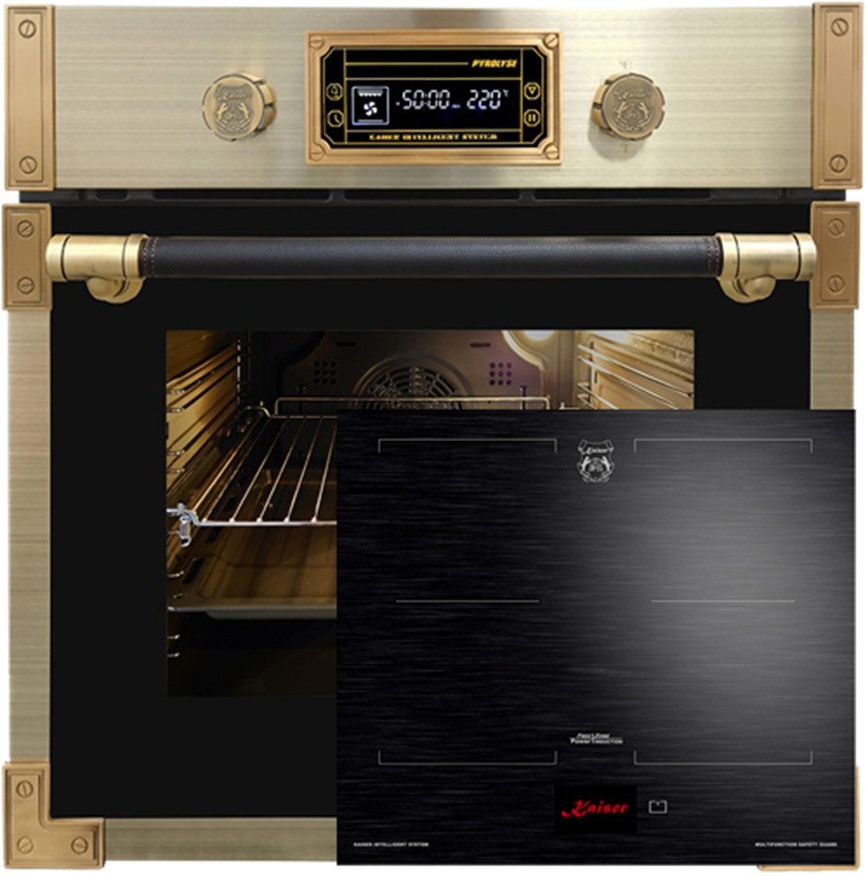 Kaiser Küchengeräte Backofen-Set Herd Set Autark Retro Pyrolyse Einbau Backofen 73L Anthrazitfarbiges Glas 60 cm+Einbau Induktionskochfeld 60 cm EH 6427 AD+KCT 6140 FI, mit 1-fach-Teleskopauszug