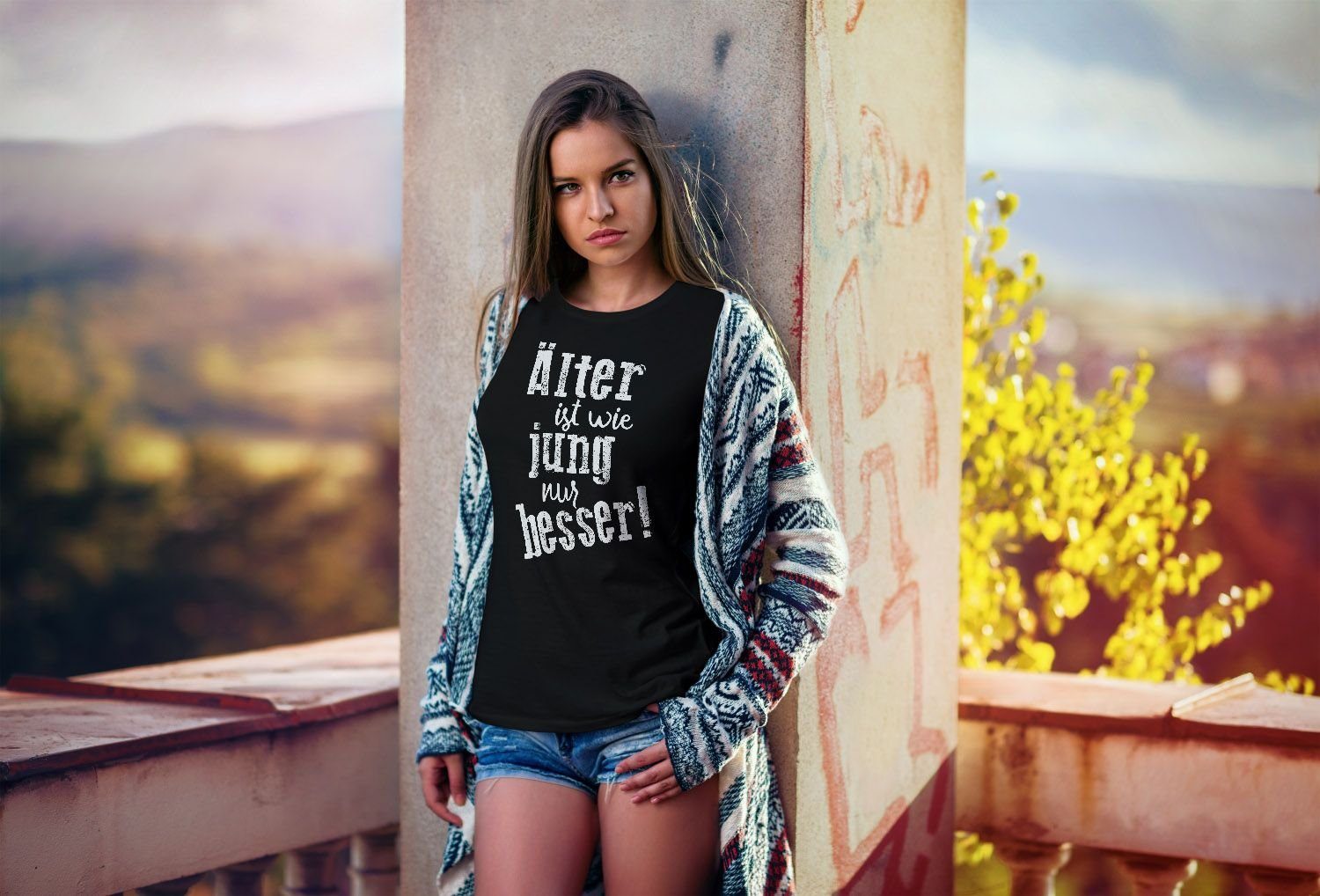 Print-Shirt Fun-Shirt MoonWorks T-Shirt wie Älter nur lustig Geschenk ist jung Spruch Geburtstag Moonworks® Print besser mit Damen