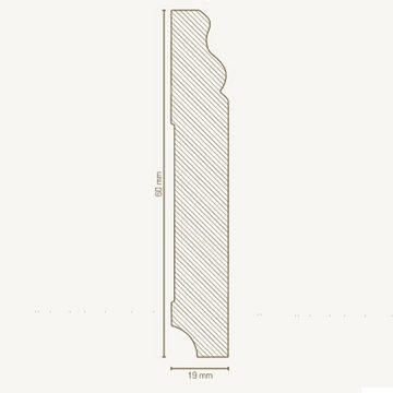 PROVISTON Sockelleiste Massivholz, 19 x 60 x 2500 mm, Weiß, Fußleiste Berliner Profil