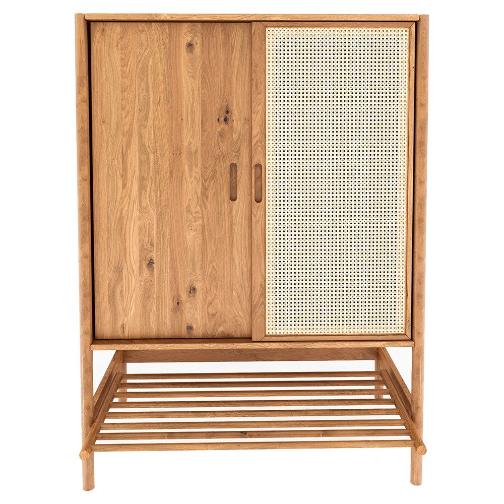 Lomadox Garderobenschrank PORI-165 Eiche massiv geölt, 108 cm breit, Rattengeflecht, montierte Lieferung