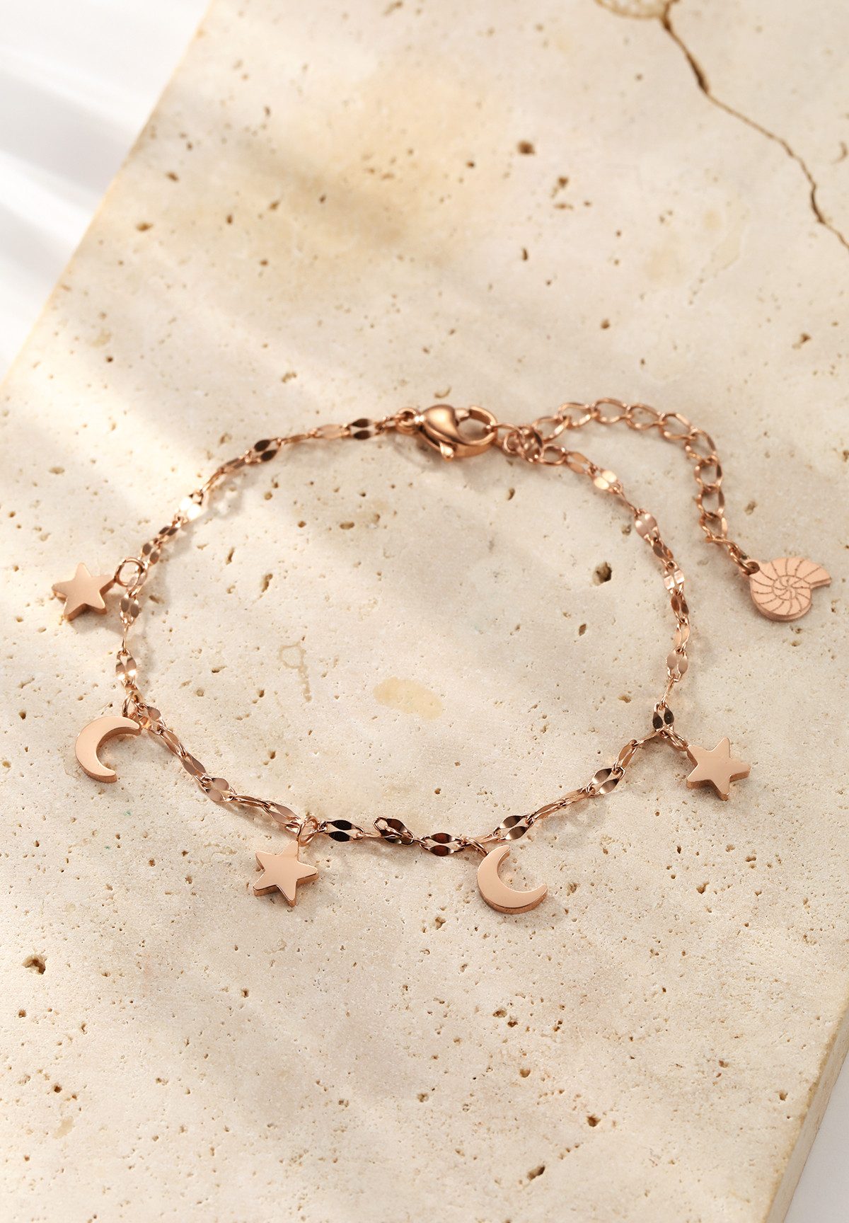 Hey Happiness Gliederarmband Stern Halbmond Anhänger, vergoldet 18K Roségold, Damen Armkette Ankerkette, Strandschmuck