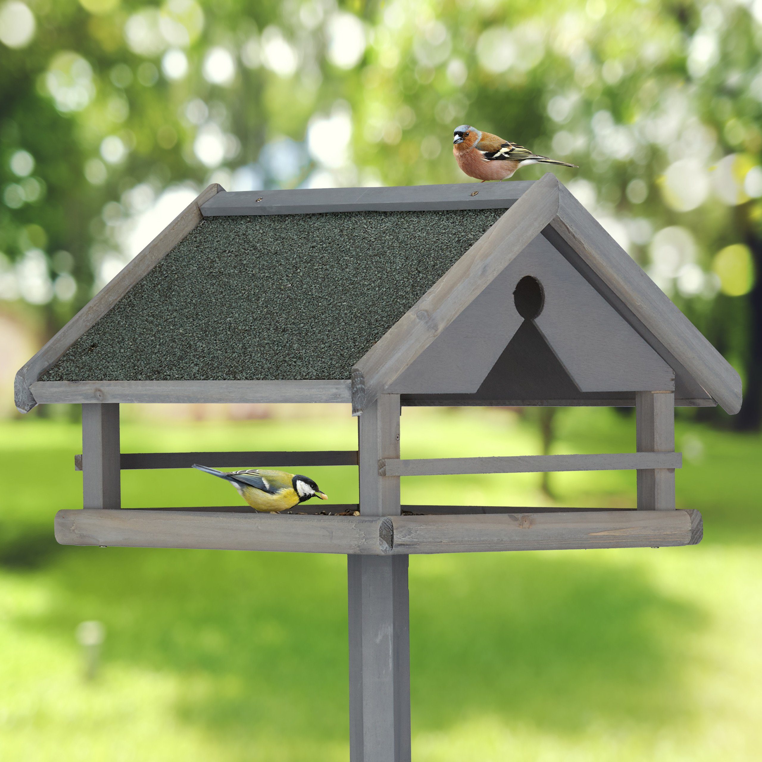 relaxdays Vogelhaus Graues Vogelfutterhaus mit Ständer