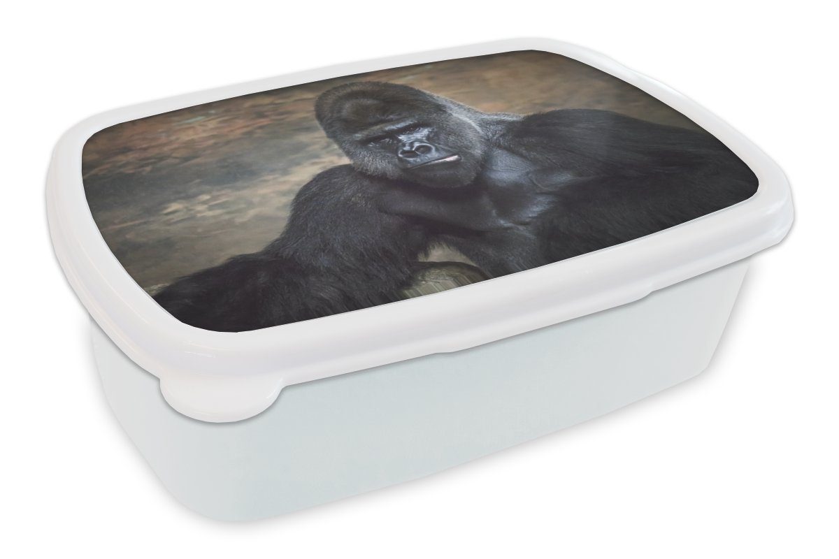 MuchoWow Lunchbox Porträtbild eines schwarzen Gorillas, Kunststoff, (2-tlg), Brotbox für Kinder und Erwachsene, Brotdose, für Jungs und Mädchen weiß