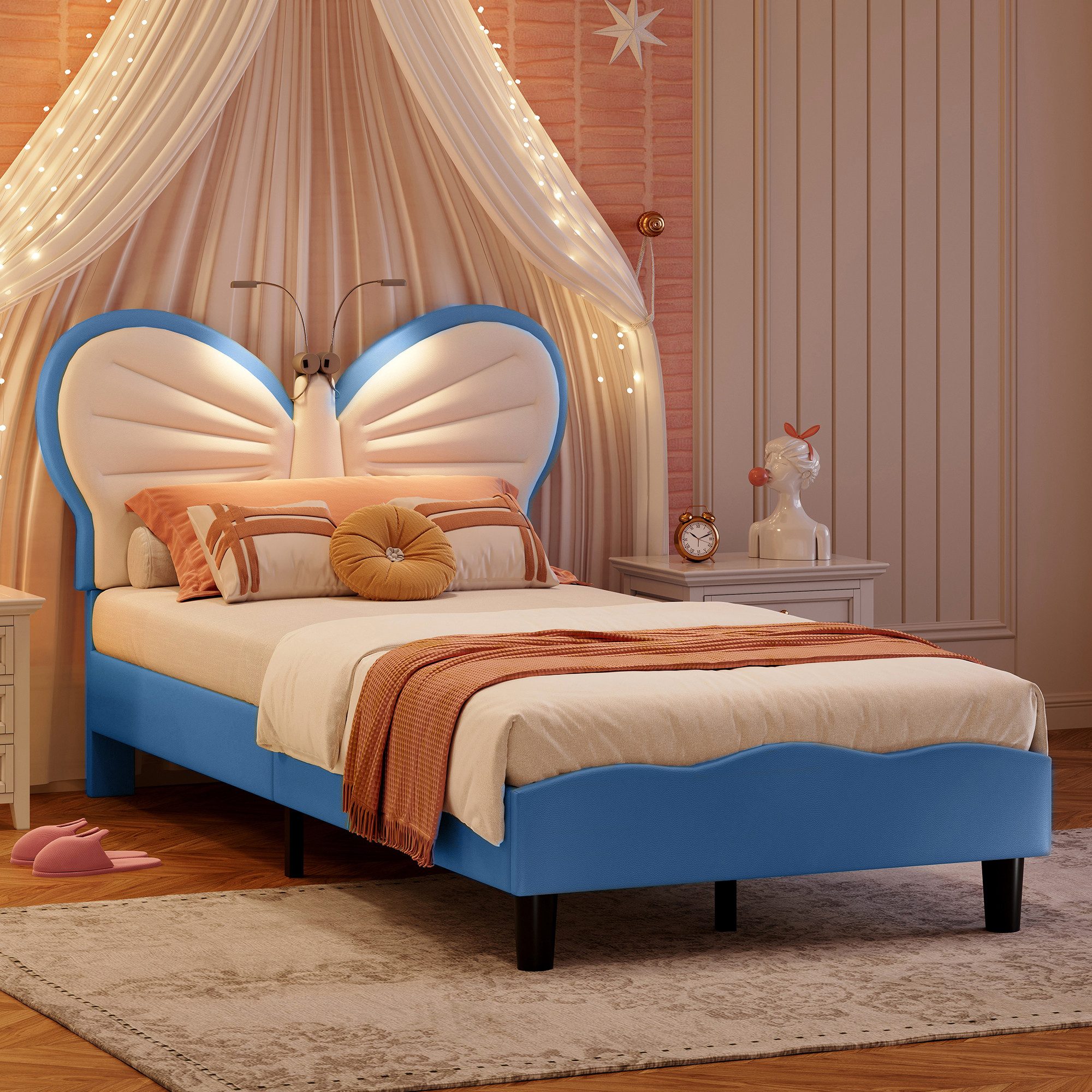 PXloue Polsterbett LED Beleuchtung Kinderbett Einzelbett Schleife am Kopfteil 90x200cm, Leselampe, Lattenrost, Samt, 90x200cm