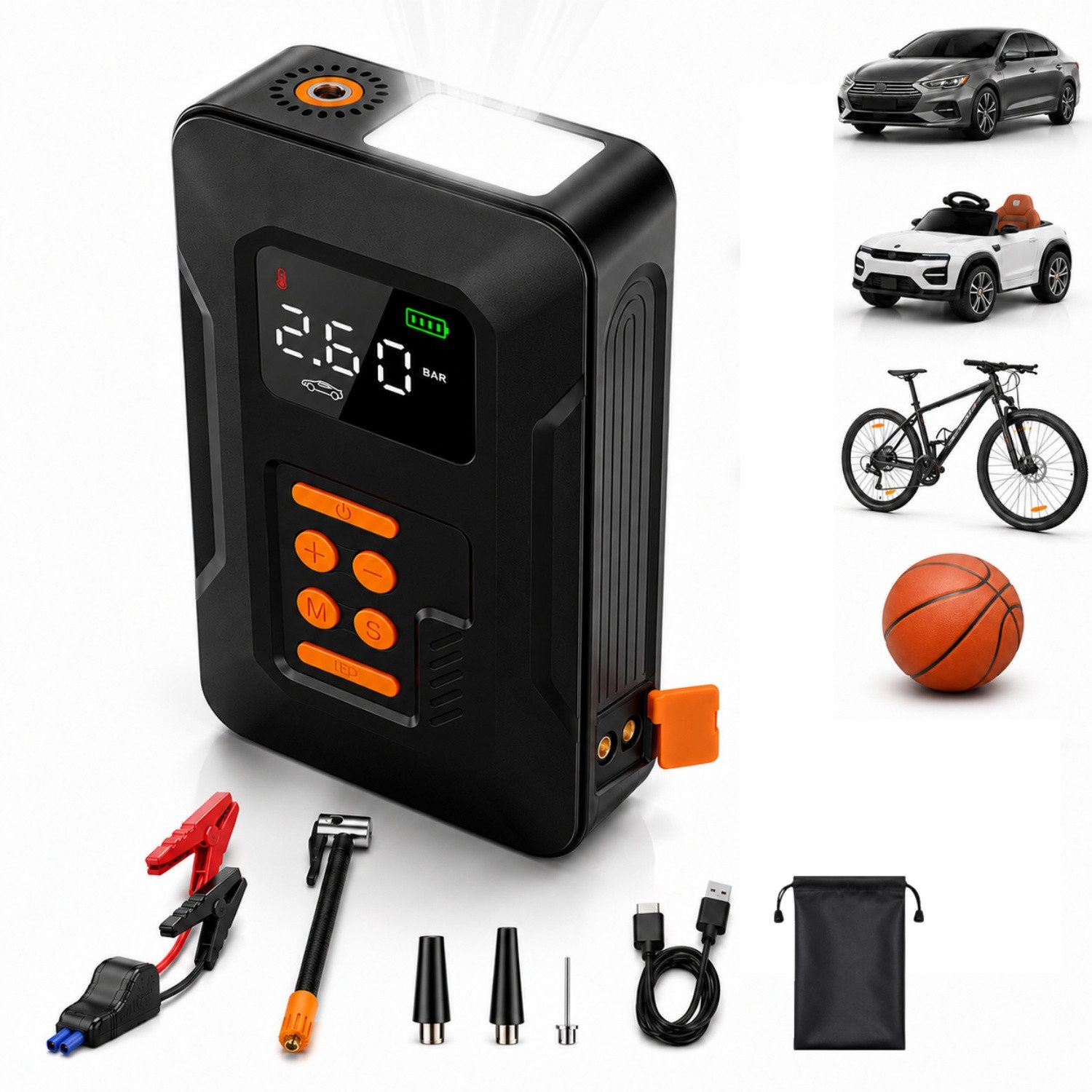 Vornix Starthilfe Powerbank Auto 18000mAh(12V),4-in-1 Starthilfegerät Autobatterie-Ladegerät (Starthilfe Powerbank mit Luftkompressor)