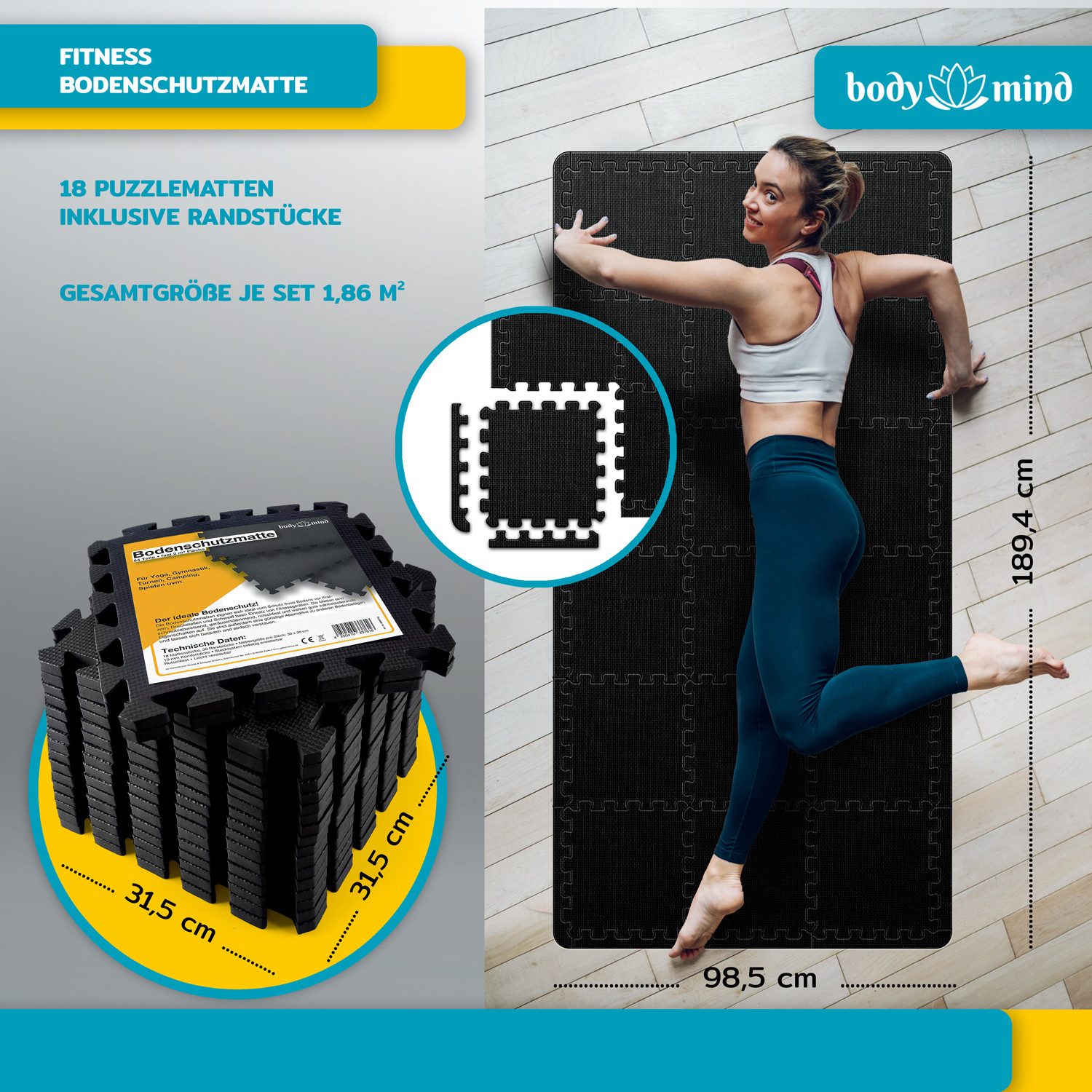 Body & Mind Bodenschutzmatte BODY & MIND XXL Bodenschutzmatte 54-teilig – Puzzle-Fitnessmatte 2 m², XXL Set, 54-St., Puzzleteile Fitnessmatte, Trainingsmatte ca – Bild 5 von 5