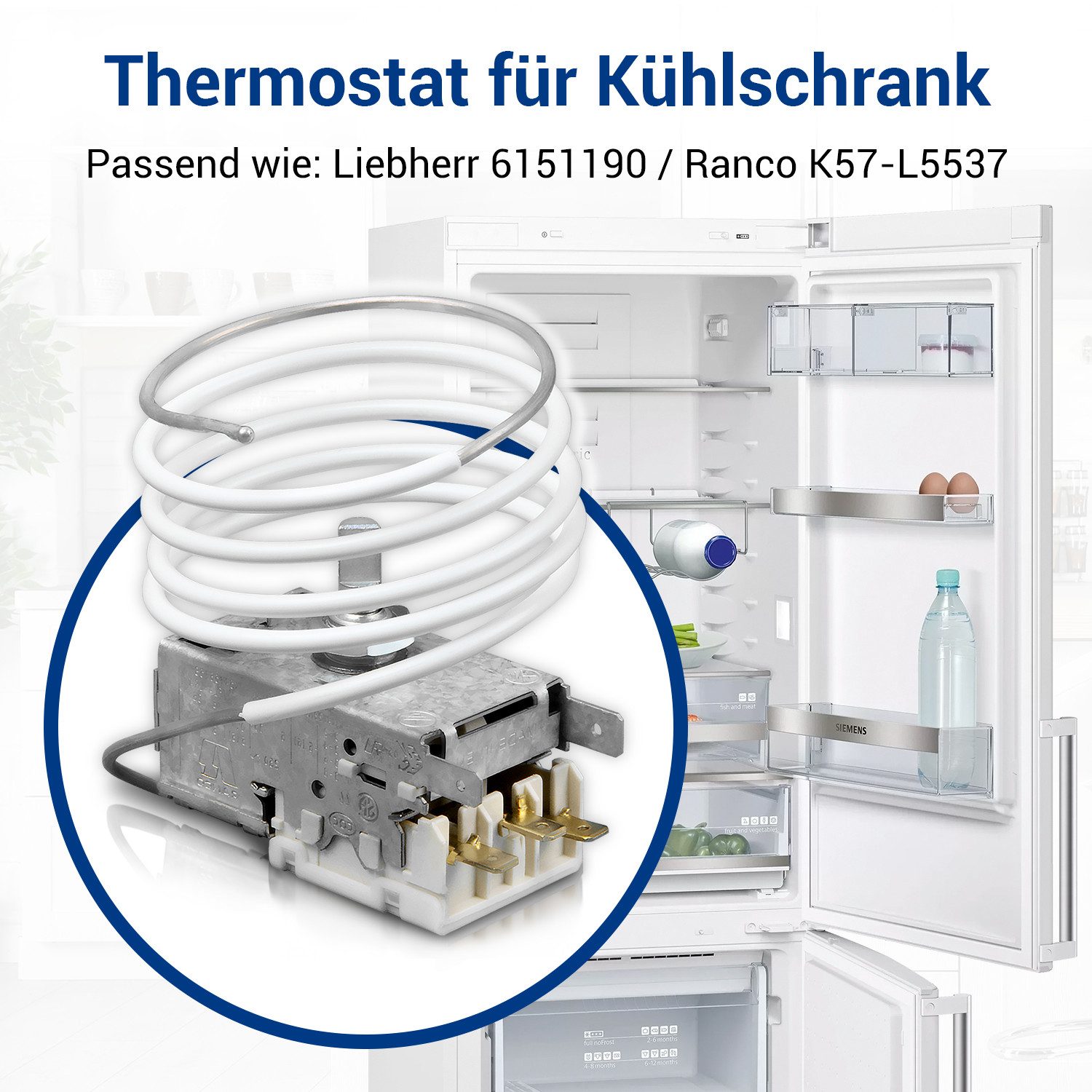 VIOKS Thermodetektor Thermostat Ersatz für Liebherr 6151190 Ranco K57-L5537, 900mm Kapillarrohr 3x4,8mm AMP für Kühlschrank
