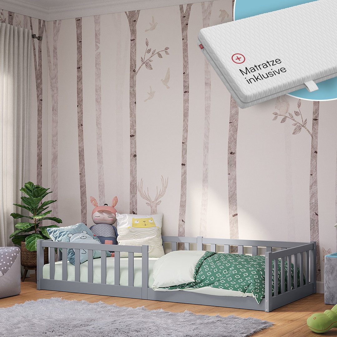 Bellabino Kinderbett Vere mit Rausfallschutz und Lattenrost (hellgrau mit M günstig online kaufen