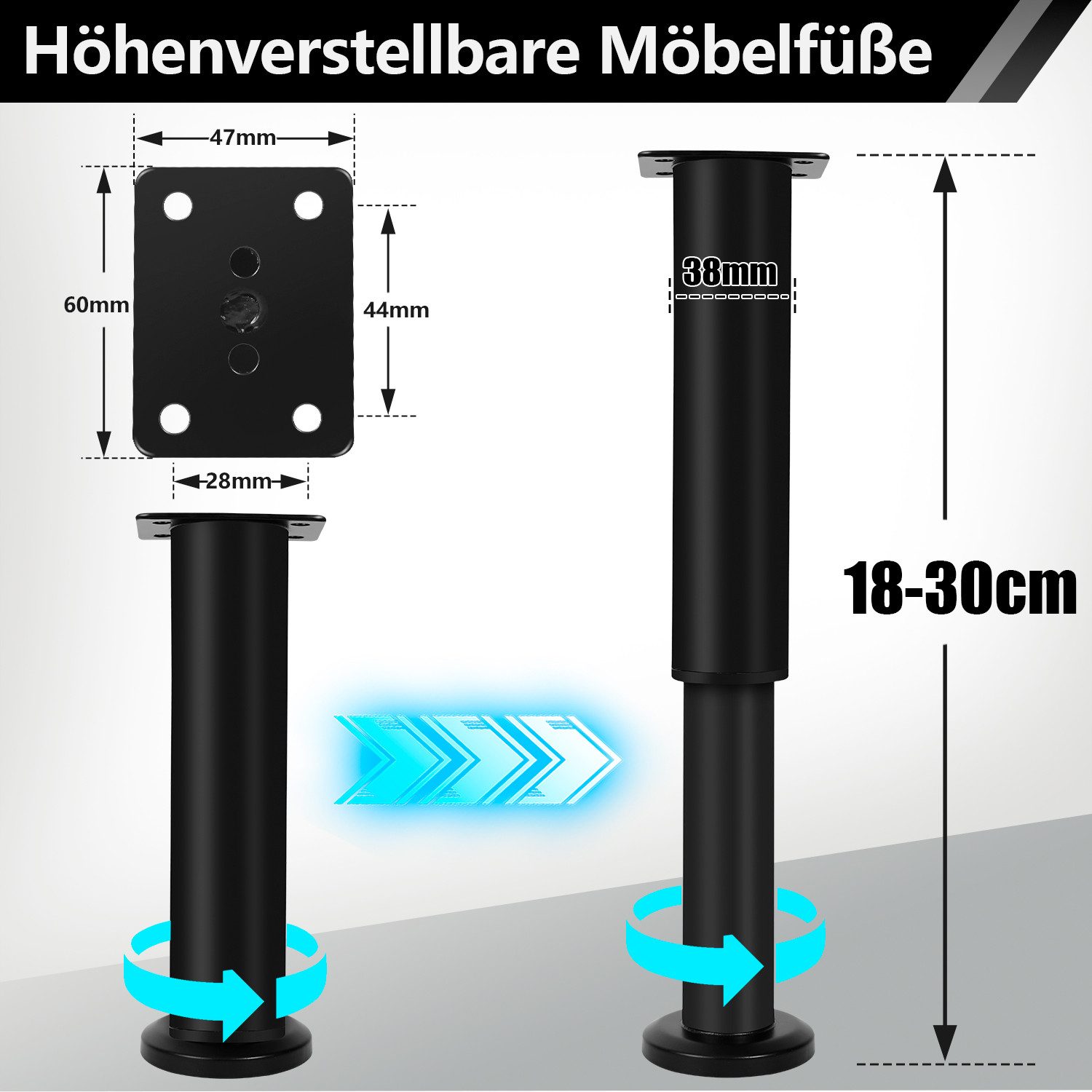 Clanmacy Möbelfuß 4X Möbelfüße 18-30cm Dehnbar( Schwarz) Verstellbar Hotel Sockelfüße – Bild 2 von 5