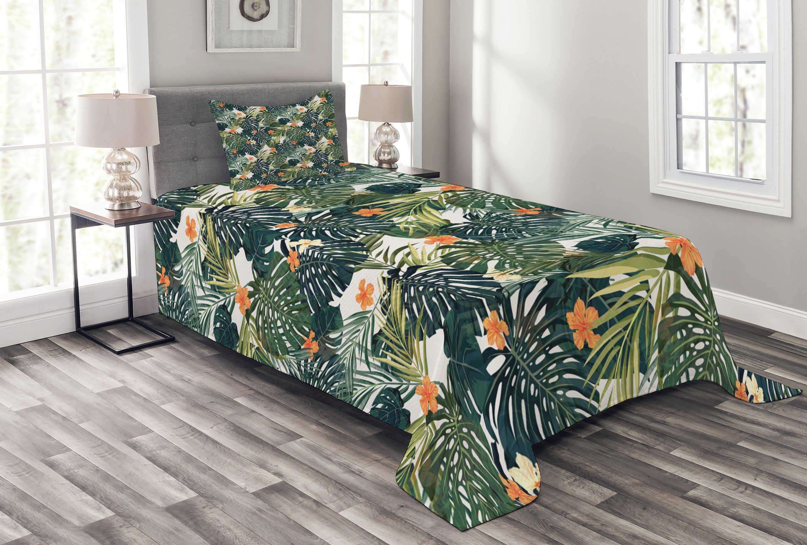 Abakuhaus, Kissenbezügen Tropic Blätter Botanic Blumen Tagesdecke mit Set Waschbar,