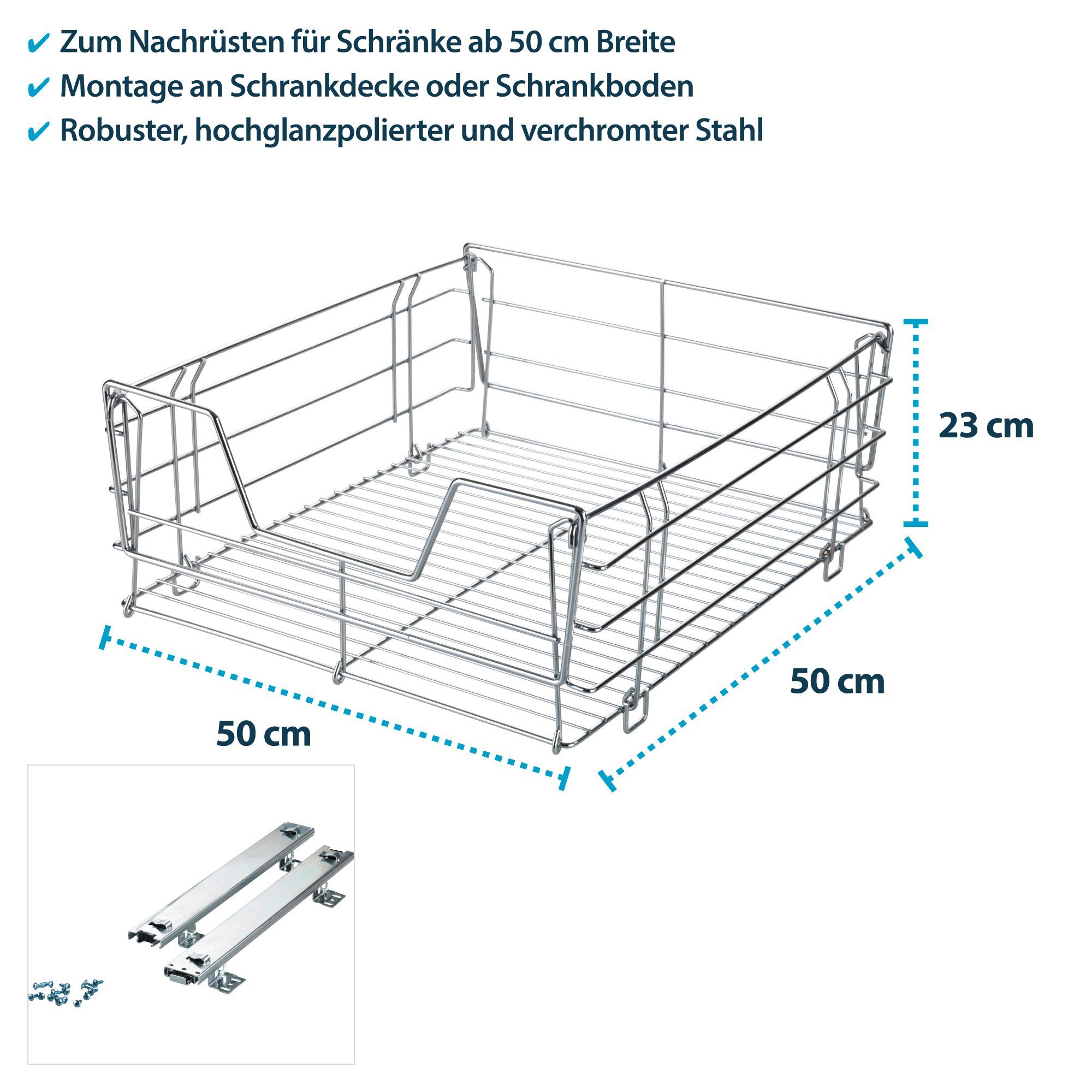 50 Teleskopschublade Basera® Nachrüsten Schrankauszug Regalaufsatz ab cm zum Schrankbreite