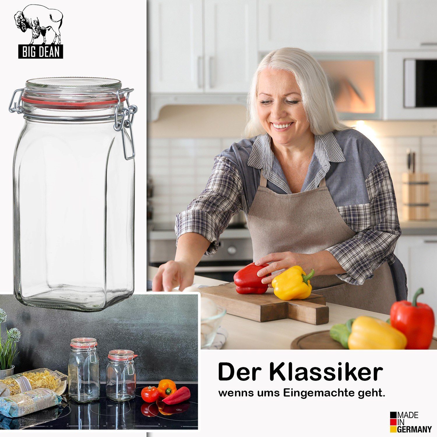 Glas. Gummi, Germany, 12x Deckel Vorratsgläser in Einmachglas 1,5L (12-tlg) Bügelverschluss BigDean Metall. Made &