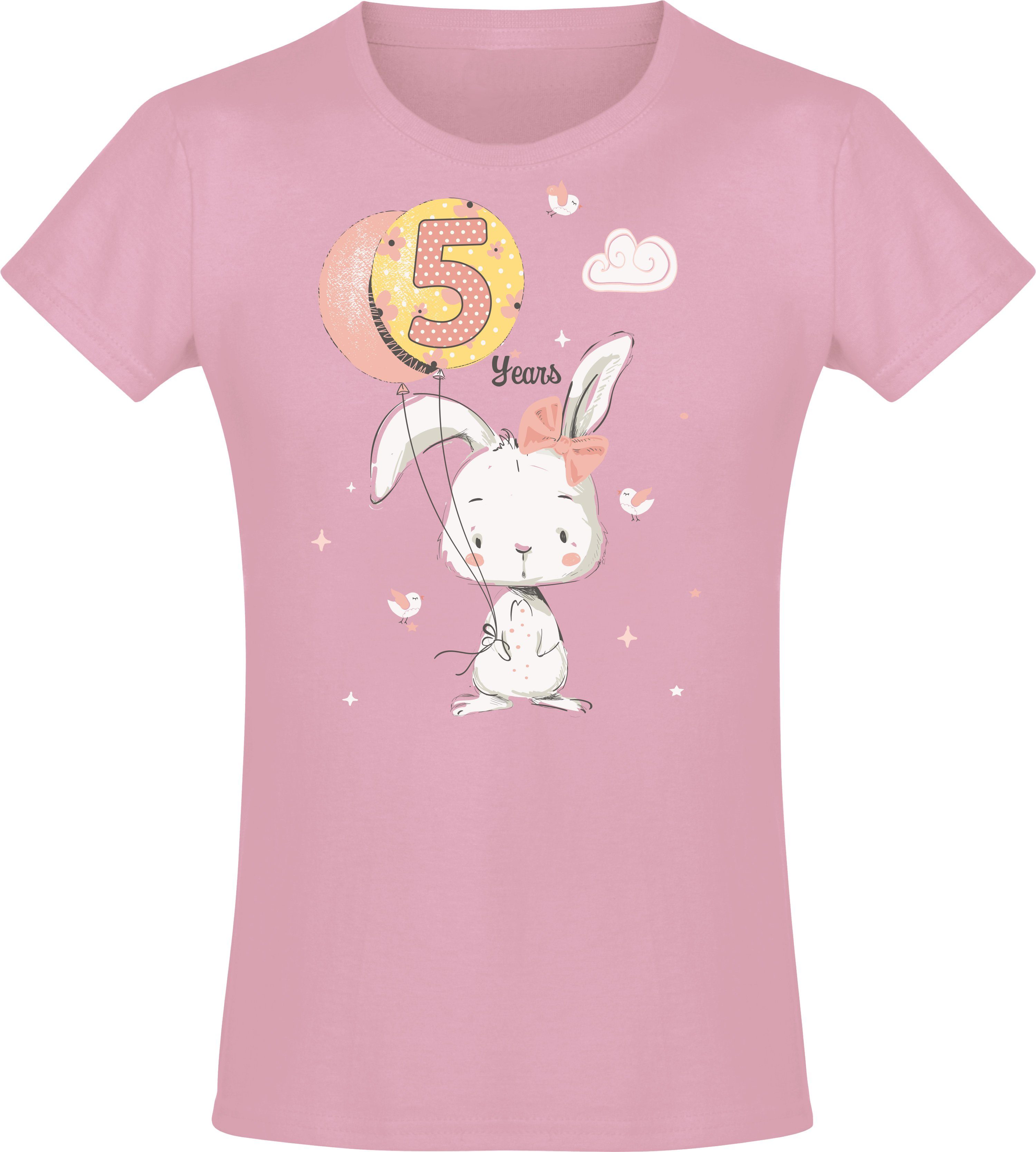 Baddery Print-Shirt Geburstagsgeschenk für Mädchen : 5 Jahre mit Hase hochwertiger Siebdruck, aus Baumwolle Light Pink | T-Shirts