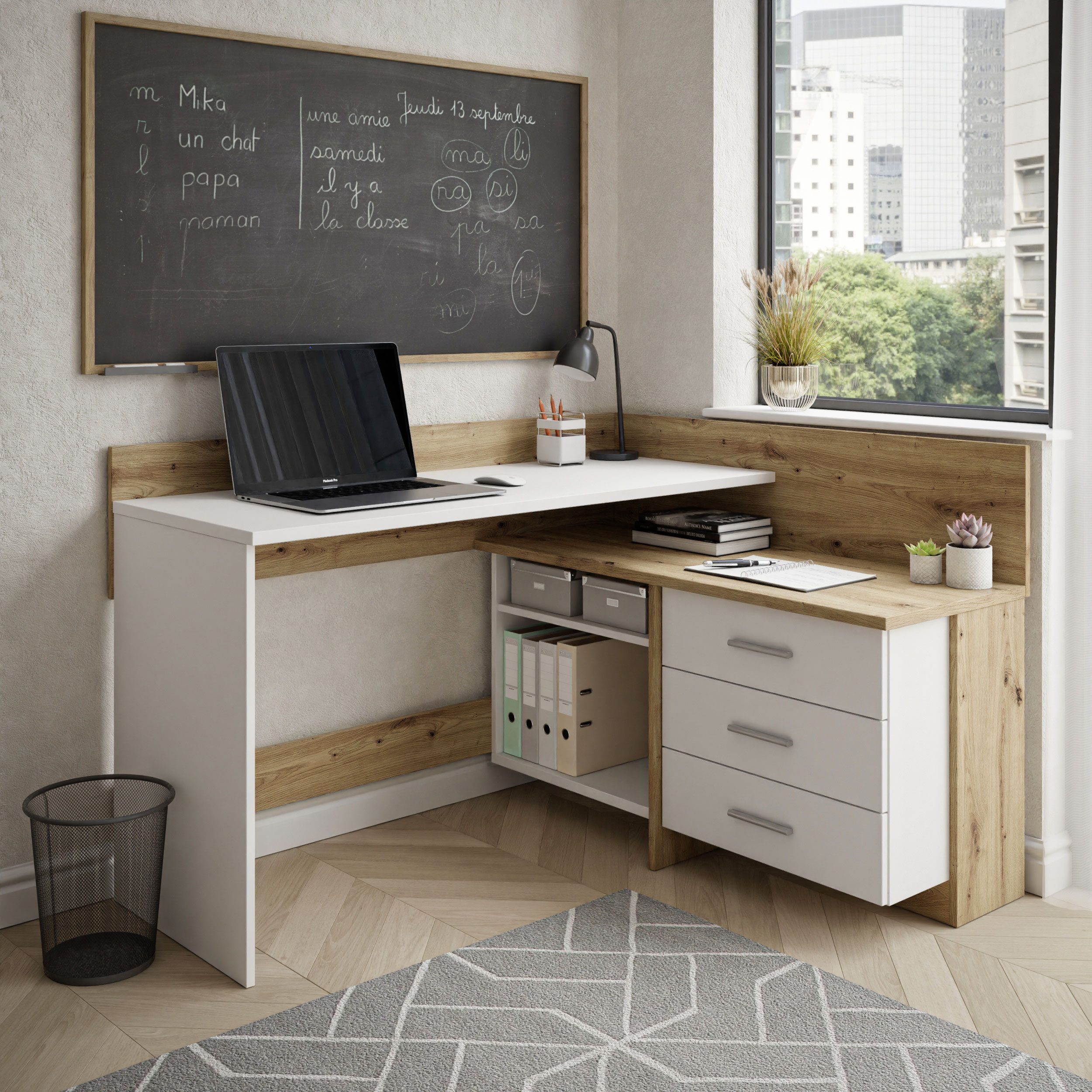 Lookway Eckschreibtisch ECKE – geräumig, stabil und stilvoll in Artisan-Eiche, 130x110x82x57 cm