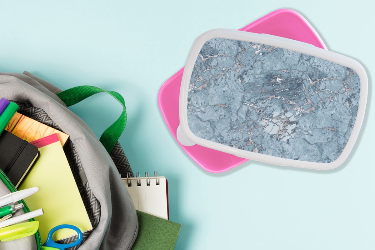 Snackbox, - Erwachsene, Kunststoff, Brotbox MuchoWow Muster, Kinder, - für Mädchen, Brotdose Blau Silber (2-tlg), - Marmor Kunststoff Lunchbox rosa