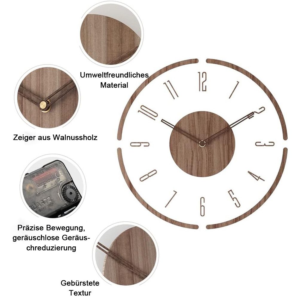 TUWENA Wanduhr Vintage-Holzuhr, runde, geräuschlose Wanduhr, nicht tickende