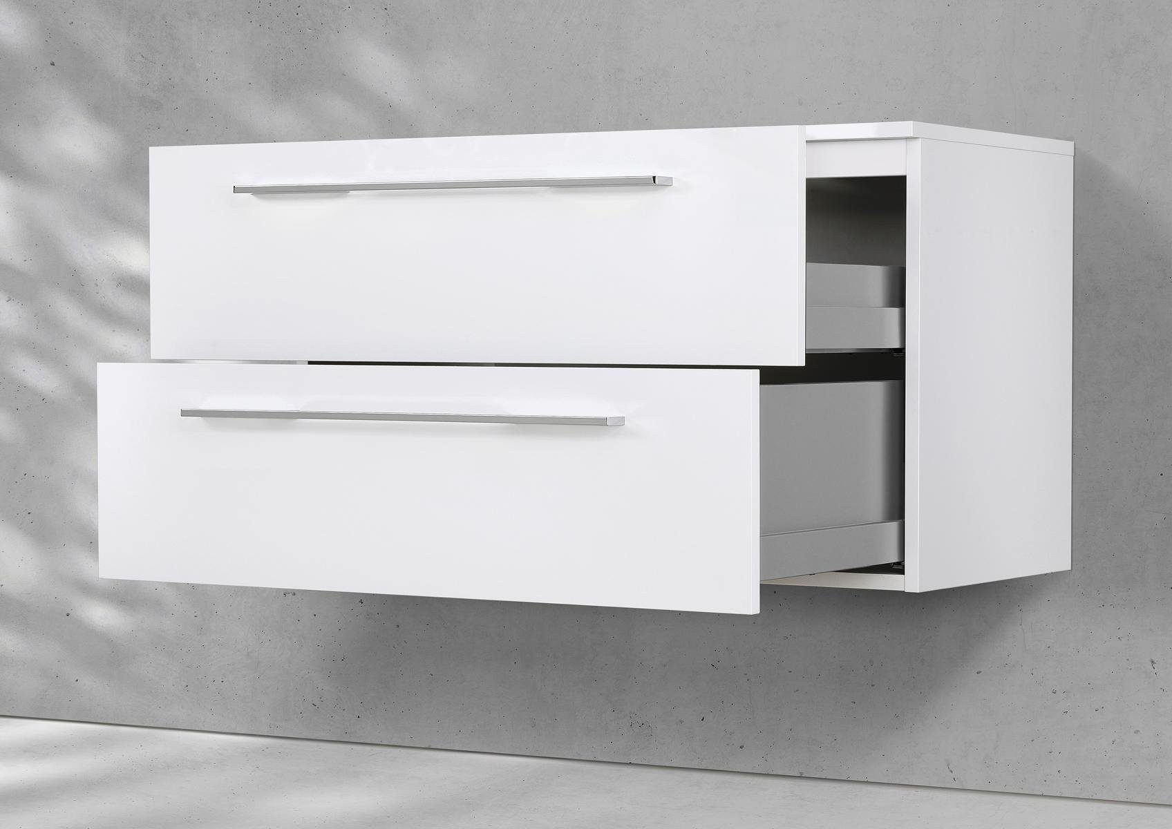 Intarbad Waschbeckenunterschrank Premium Unterschrank mit 2x Schubladen & Softclose Funktion (60 bis 100 cm Breite, Höhe 55 cm, Holz-/ Lackdekore, Siphonausschnitt, PU-verleimt, stoßfeste ABS-Dickkanten) Vormontierte Lieferung, 160 kg Traglast, Made in Germany