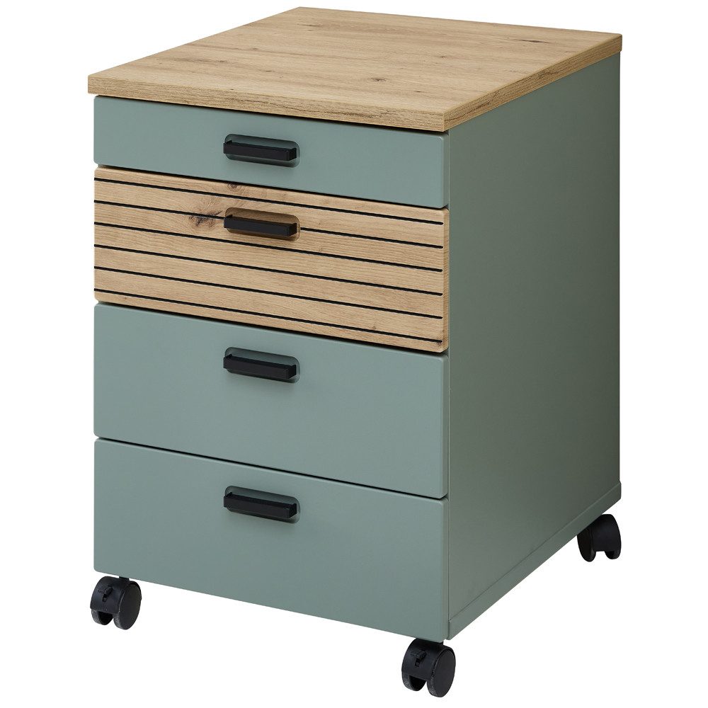 Lomadox Rollcontainer GLENDALE-36, Grün matt Eiche Dekor 45 cm Softclose Schubladen Organizer Filz