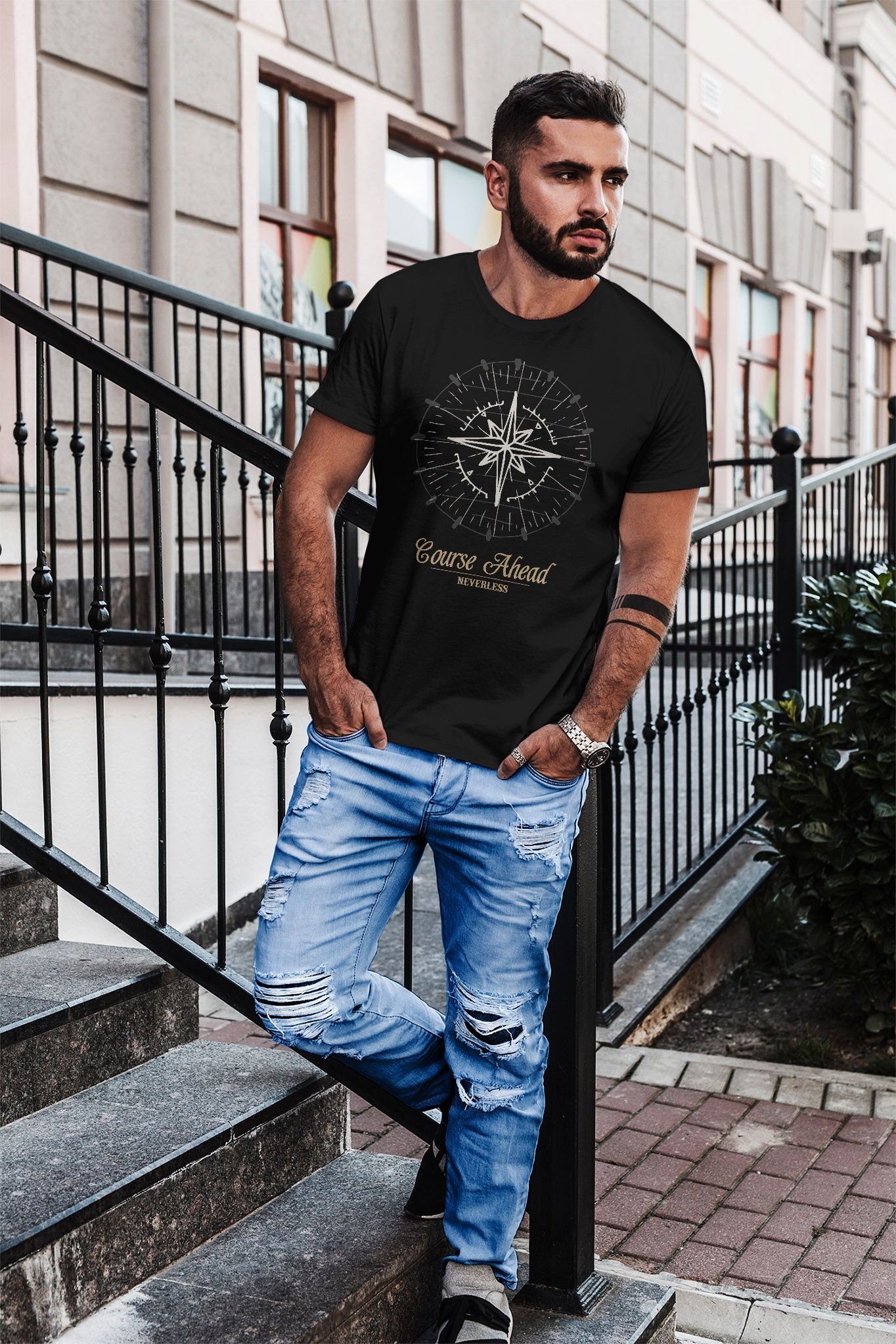 Neverless Print-Shirt Herren T-Shirt Kompass Windrose Navigator Segeln Slim Fit mit Print