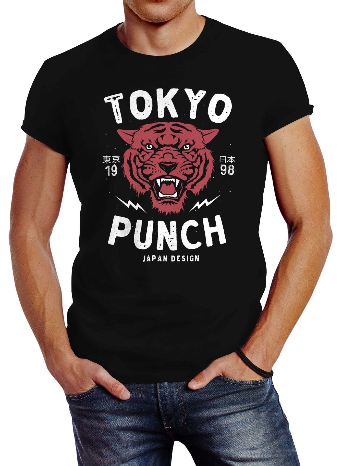 Vintage Slim Fit Print Punch Neverless Schriftzug mit Streetstyle Japan Fashion Tigerkopf Print-Shirt Neverless® Tokio T-Shirt Print Herren Style Design