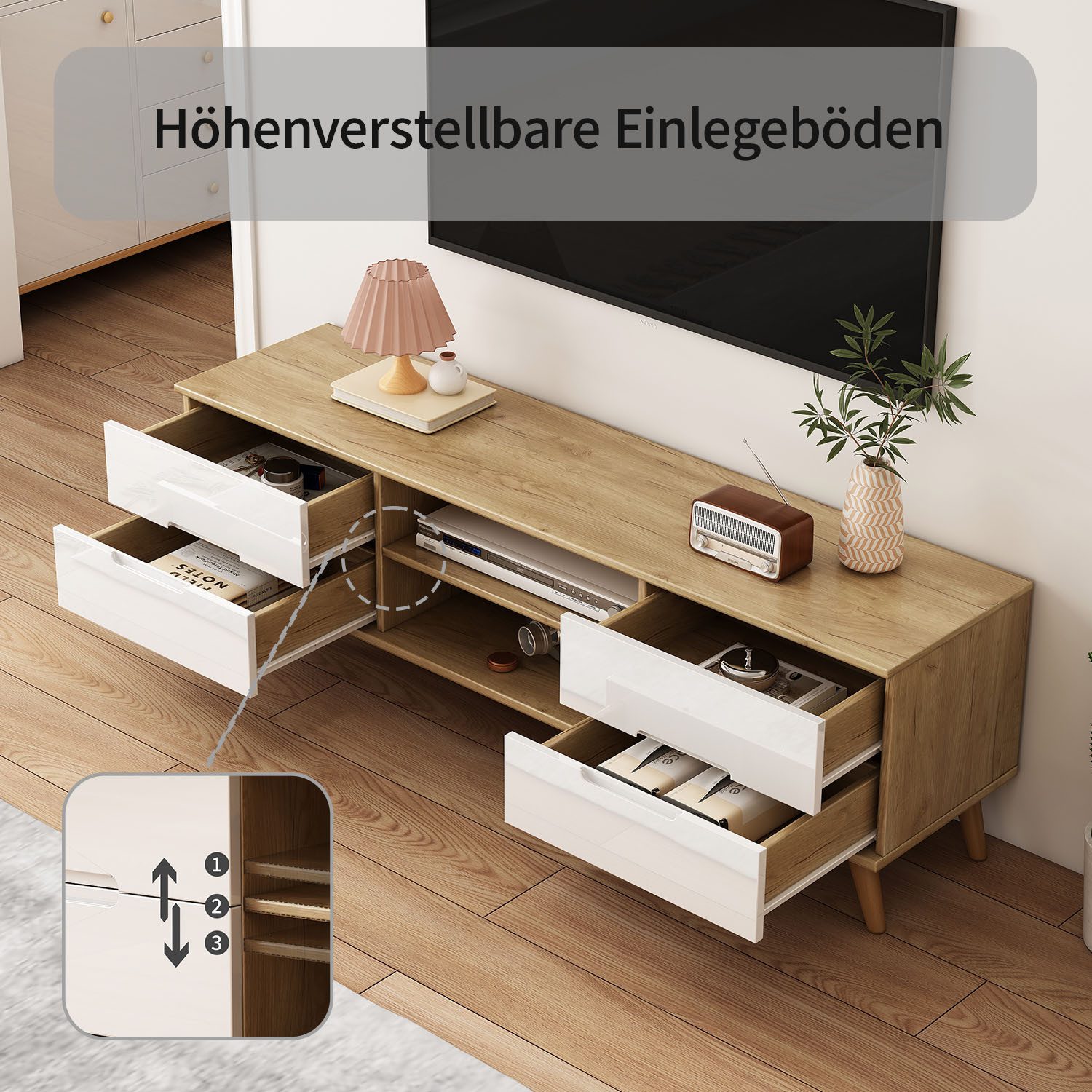 OTTO home TV-Board, glänzende Fronten, Kabeldurchführung, helles Holzdekor, Breite 160 cm