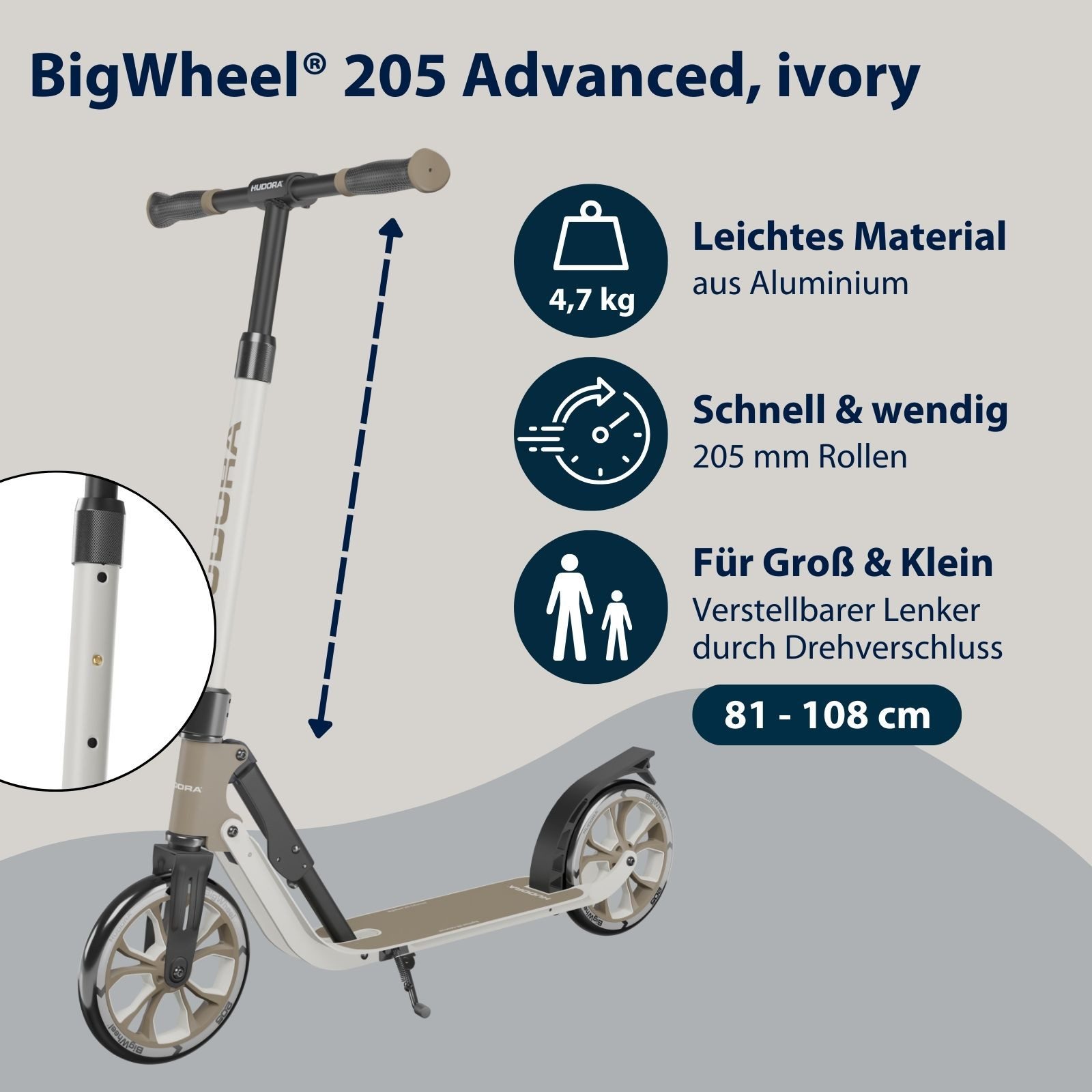 Hudora Cityroller BigWheel® 205 Advanced, Tretroller, (max. 100kg), einklappbarer, höhenverstellbarer Kick-Scooter