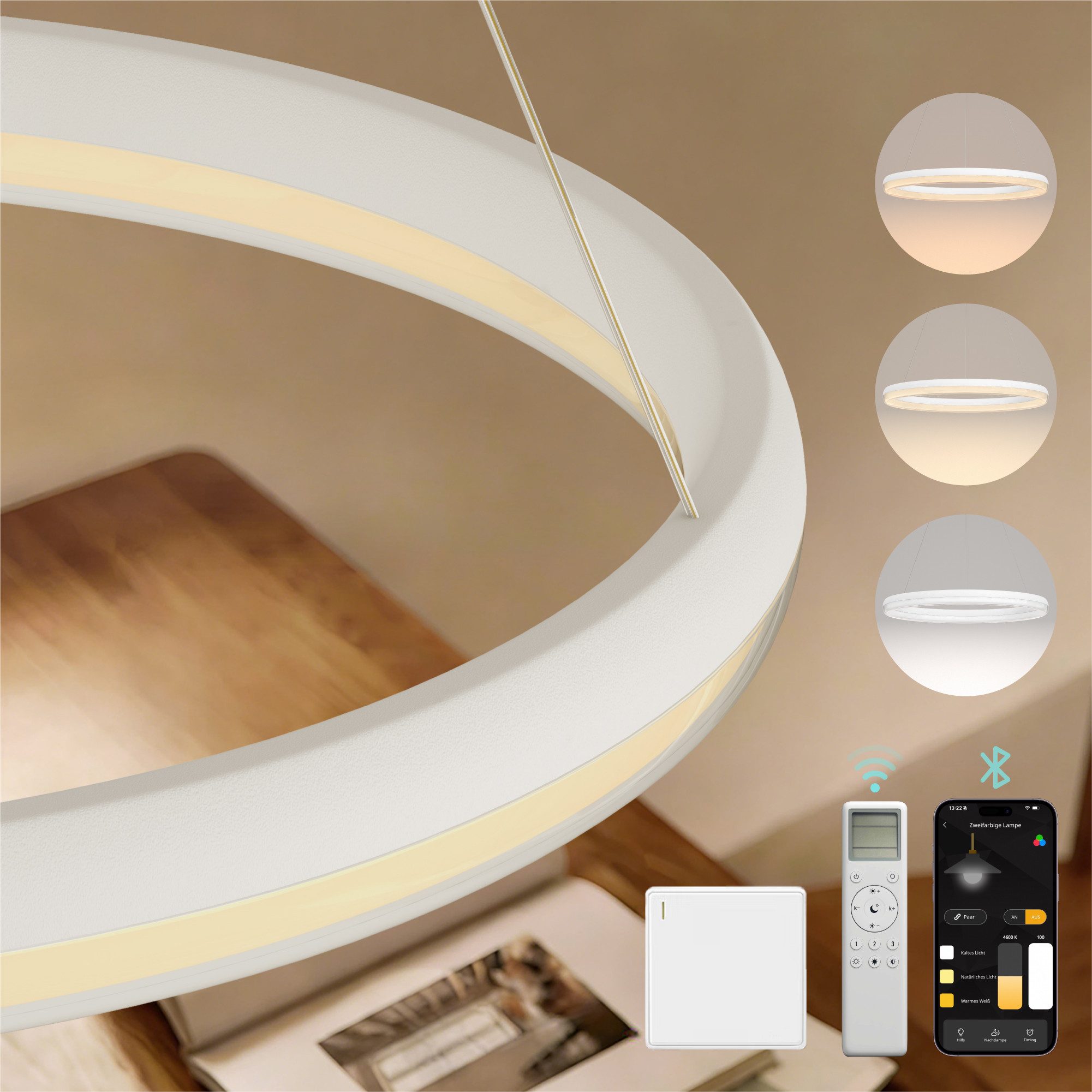 Mai & Mai Pendelleuchte Pendellampe LED-Hängelampe stufenlos dimmbar 3000K–6000K 20W Luvina05, LED-Pendelleuchte, Farbtemperatur von 3000K–6000K