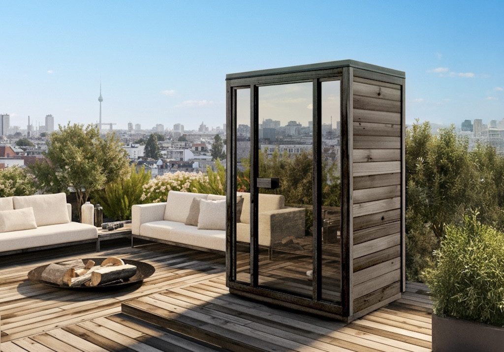 FinnTherm Saunahaus Kuuma S, BxTxH: 138 x 111 x 213 cm, 42 mm, in Schwarz mit Spiegelglas Inkl. Fußboden