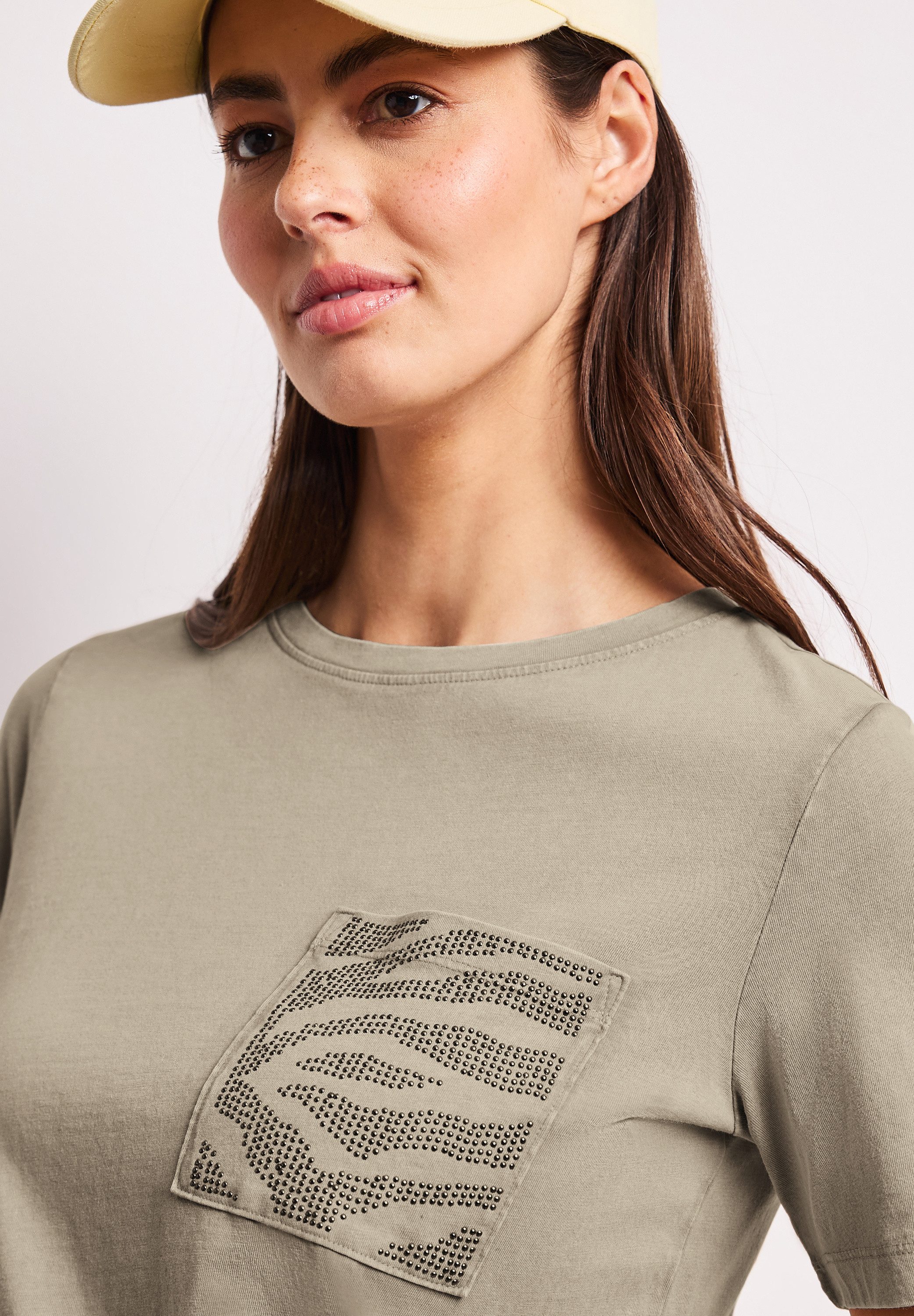 STREET ONE Kurzarmshirt Sommershirt mit Rundhals und Schmucksteinen