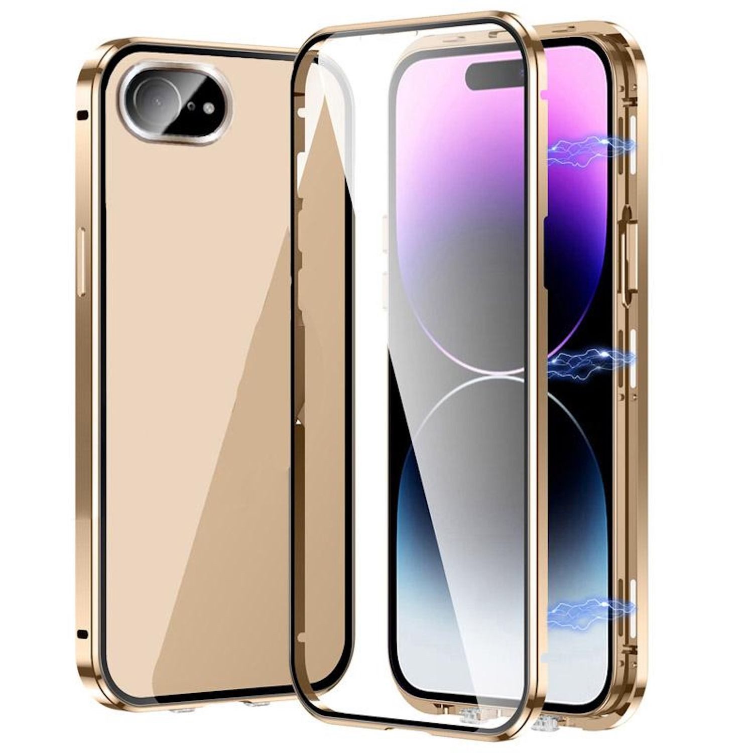 Wigento Handyhülle für Apple iPhone 16e Beidseitiger Metall Magnet Glas Bumper Gold, Magnetische Metallrahmenhülle mit beidseitigem Hartglas