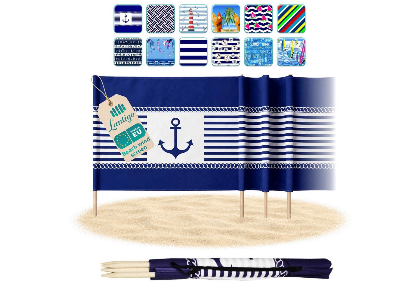 Lantigo Windschutz Sichtschutz Sonnenschutz Strandparavent aus Mikrofaser – portabel, (Blaue Anker, Länge: 4 m), - Faltbarer Sonnenschutz für Strand, Camping & Garten