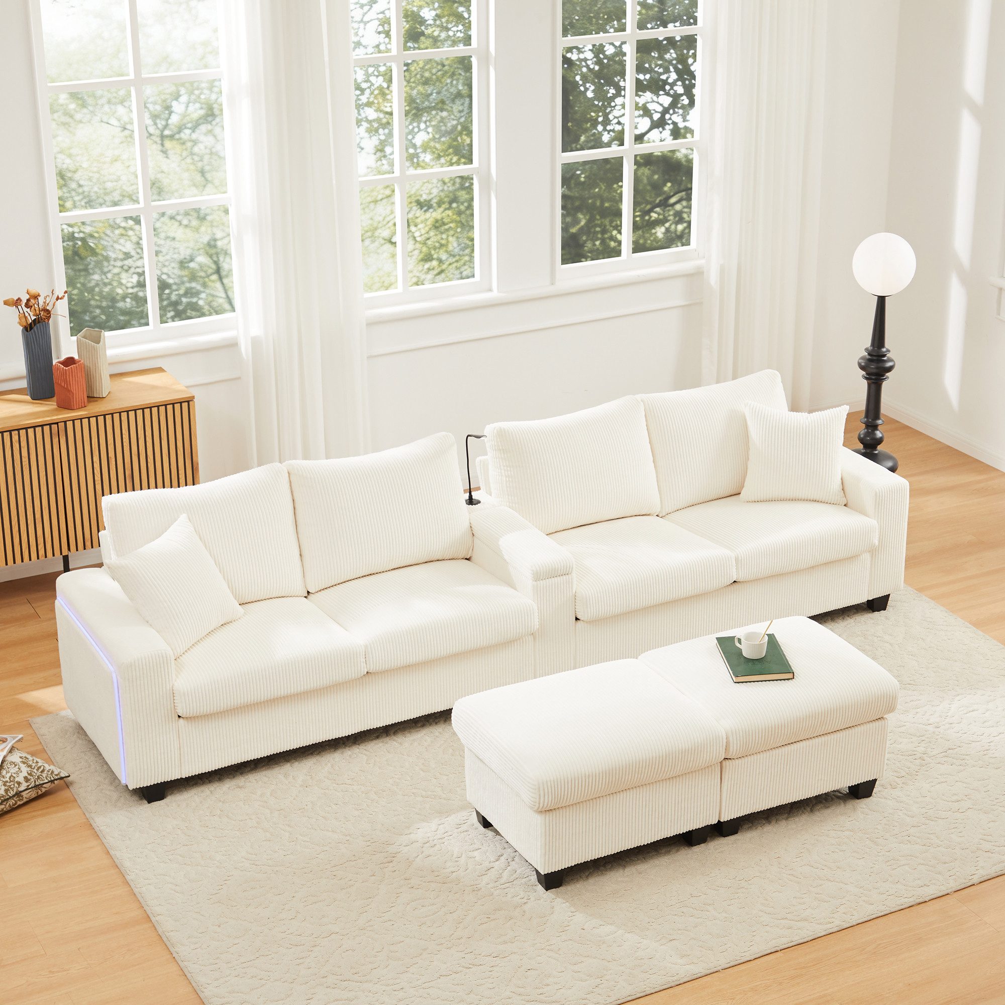 Flieks 4-Sitzer Sofa mit Leselampe, LED-Beleuchtung, Getränkehalter & USB/Type-C, Set, U-förmiges Polstersofa inkl. 2 Hocker mit Stauraum, Cordstoff Beige