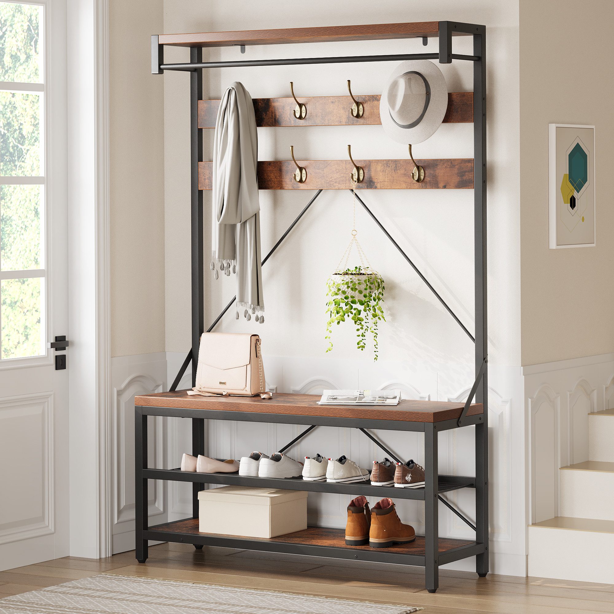 GarveeMore Garderobenständer 4-in-1 mit Sitzbank,3 Etagen Ablage und 8 Haken,183cm, mit Schuhbank,verstellbare Füße,Kleiderstange,101x40x183cm