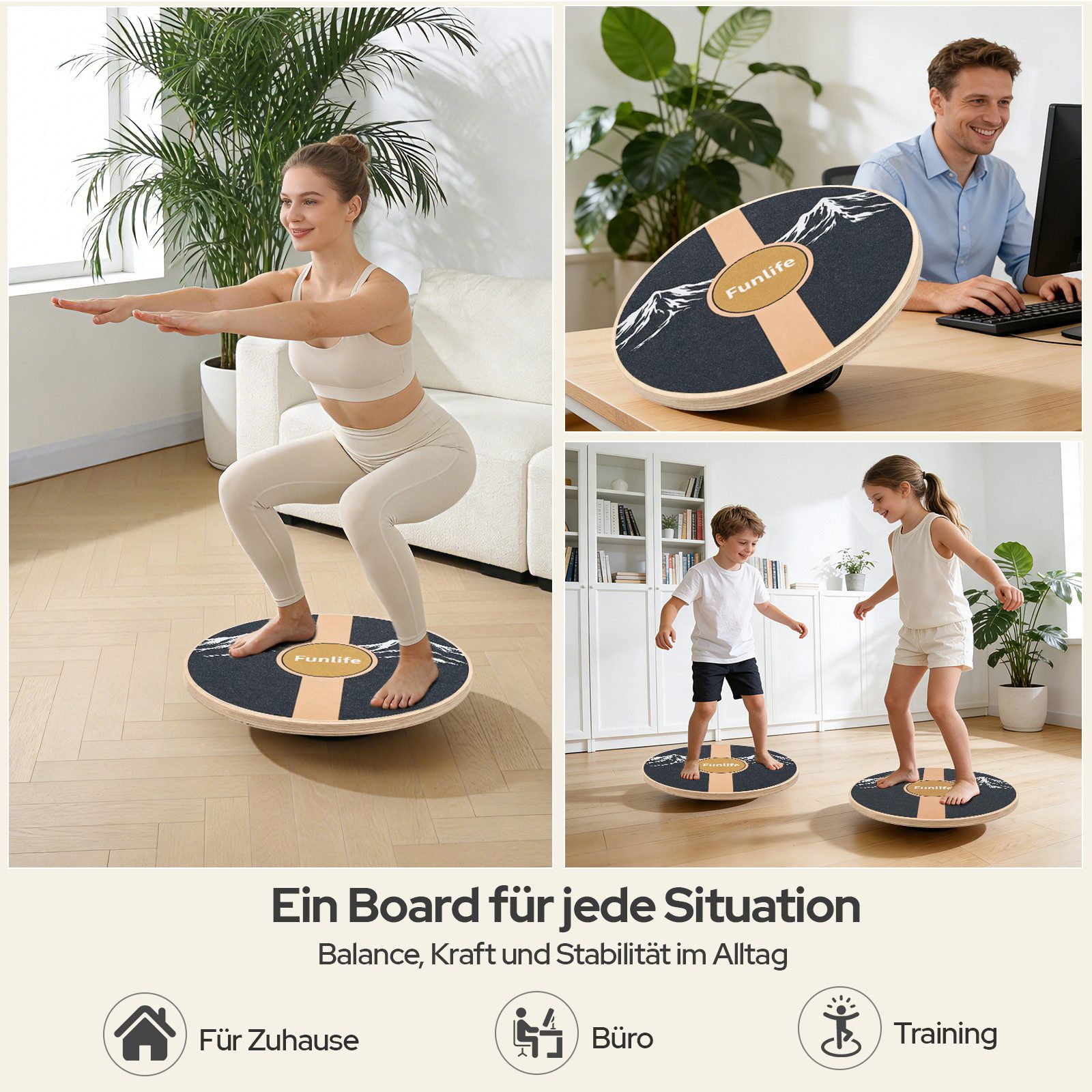 FunLife Balanceboard TERRA BERG & CLASSIC Design-Edition, rund, Premium-Birkenholz, 360°-Training, bis 100 kg